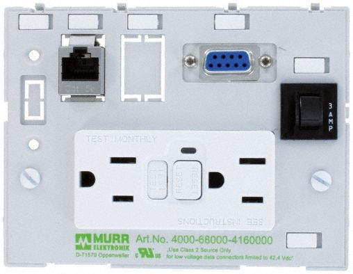 Combination Insert: RJ45 Cat5E/SUB-D9, (2) NEMA 5-15 GFCI, (1) 3A Fuse