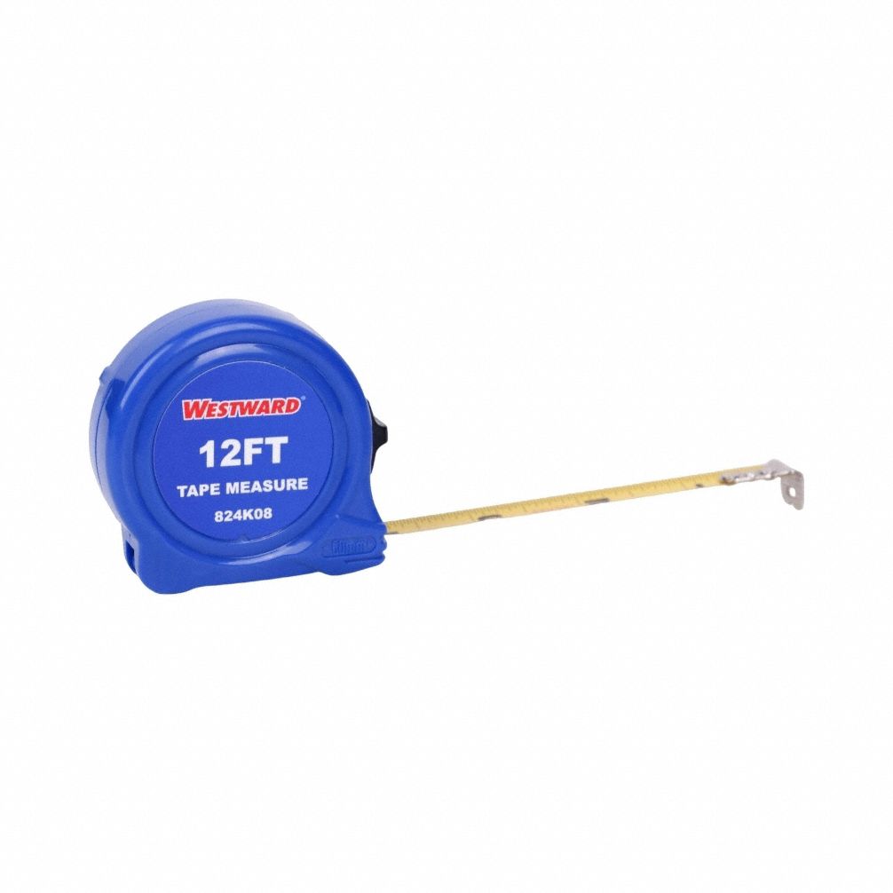 Tape Measure: Nonmagnetic Single Hook Tip, 12 ft, Plastic, Black/Blue