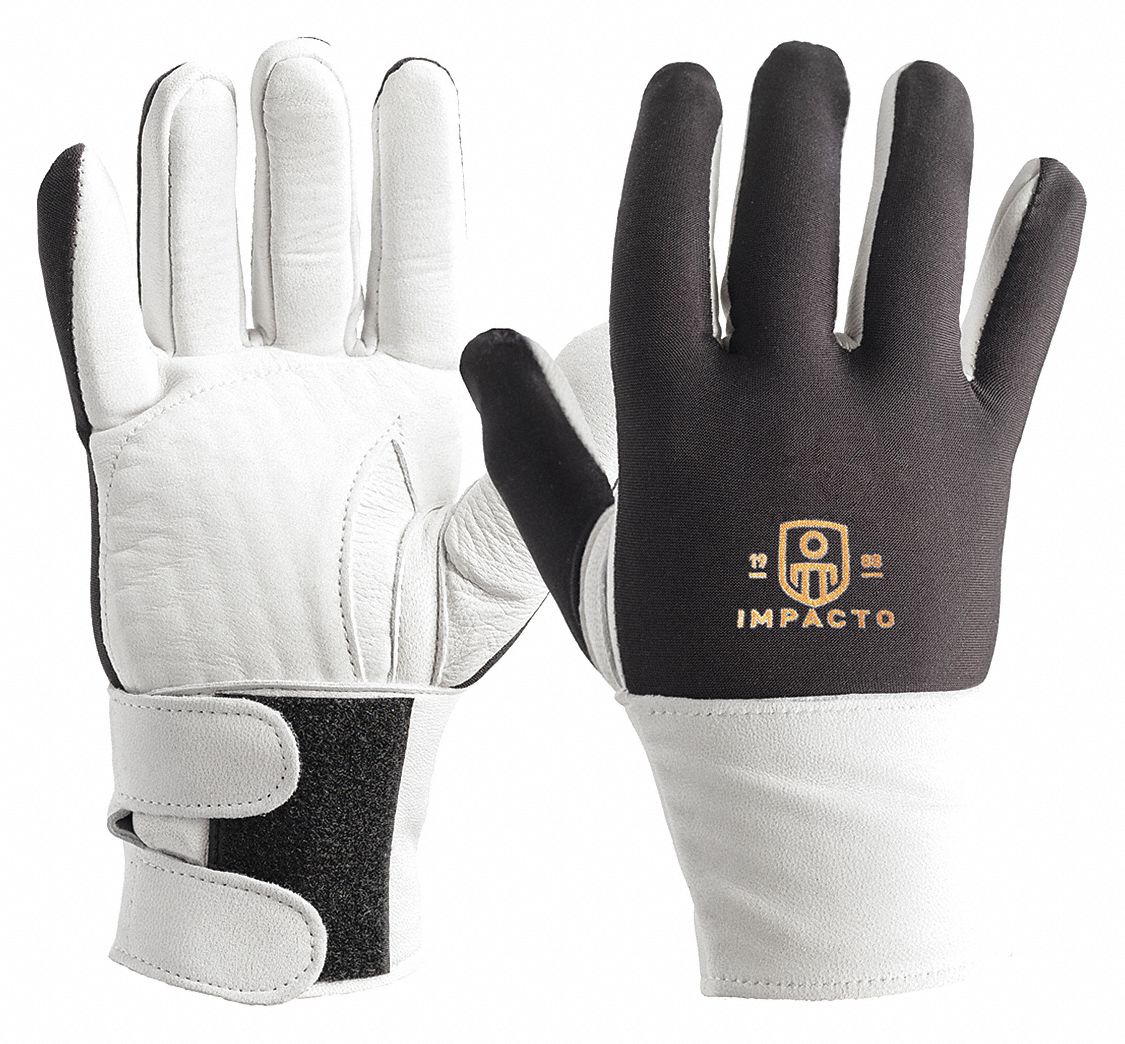GLOVE, IMPACT RESISTANT, ANTI-VIB, LEATHER CUFF, WRIST SUPPORT, FULL FINGER, HOOK/LOOP, XL, VEP, RT