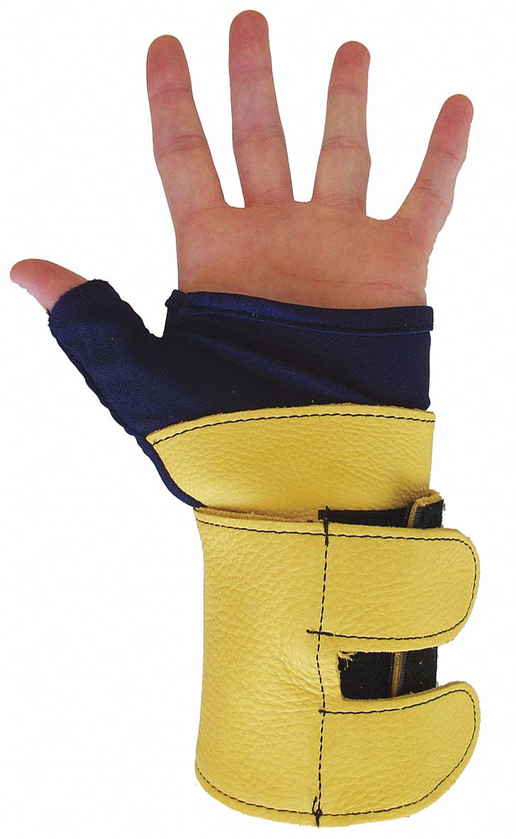 WRIST SUPPORT, LEFT HAND, FINGERLESS, SMALL, BLUE/YELLOW, POLYCOTTON/SUEDE