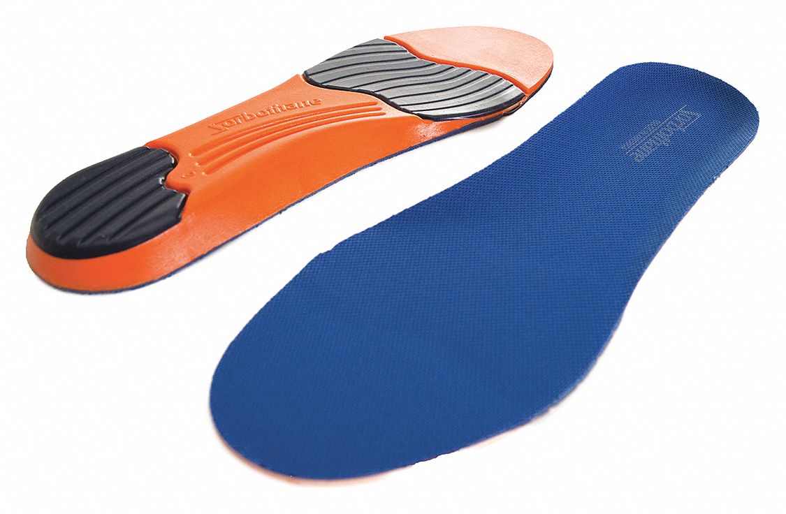 SEMELLES ANTI-FATIGUE POUR HOMMES, POINTURE 14 À 15, SORBOTHANE/MOUSSE/TISSU, ORANGE/BLEU