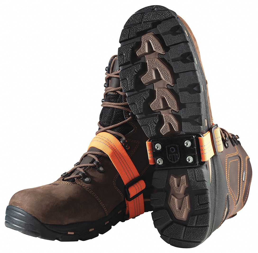 TRACTION CLEATS, MID SOLE, HI-VIS REFLECT STRAP, REPLACEABLE, ORNG/BLK, UNIVERSAL, TPE/STEEL, PR