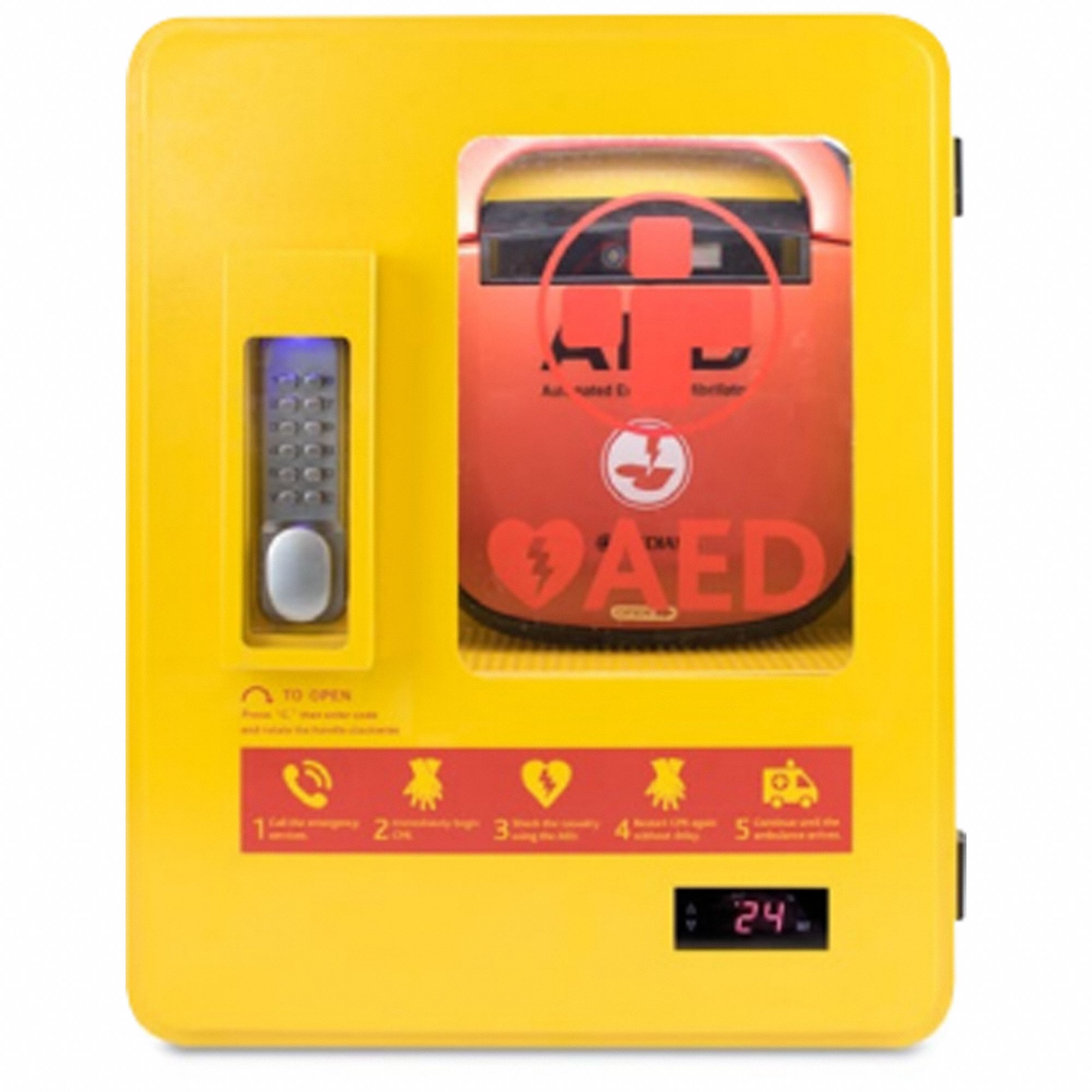 DEFIBRILLATOR STORAGE CABINET, SHATTERPROOF, YELLOW, 19 43/64 X 15 47/64 X 7 5/64 IN, CARBON STEEL