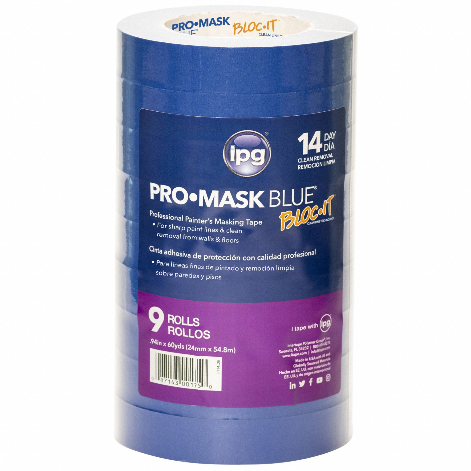 PT14 MASKING TAPE, BLUE, 60 YD L, 61/64 IN W, 5.5 MIL, UV-RESISTANT, 36 PK