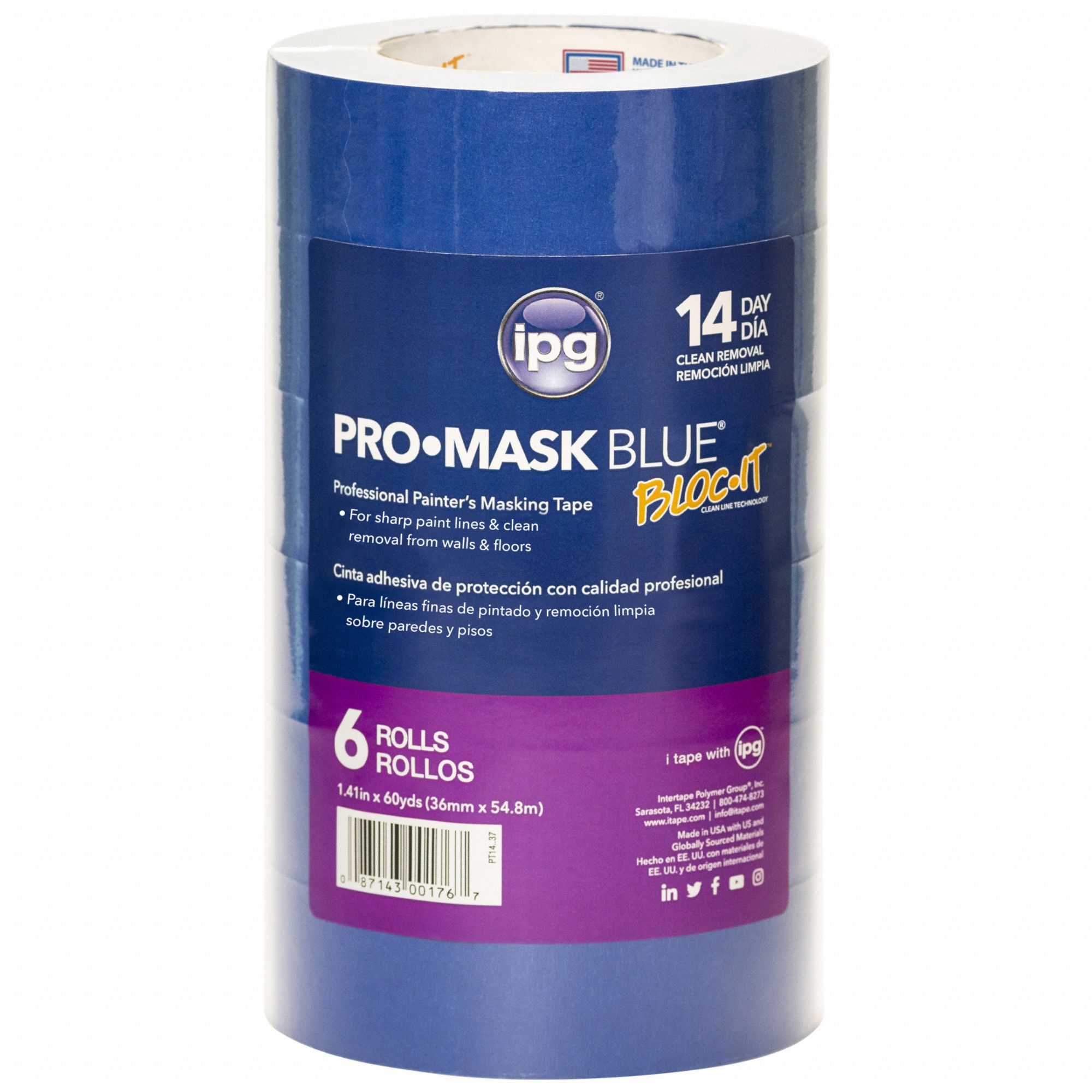 PT14 MASKING TAPE, BLUE, 60 YD L, 1 27/64 IN W, 5.5 MIL,, UV-RESISTANT, 24 PK