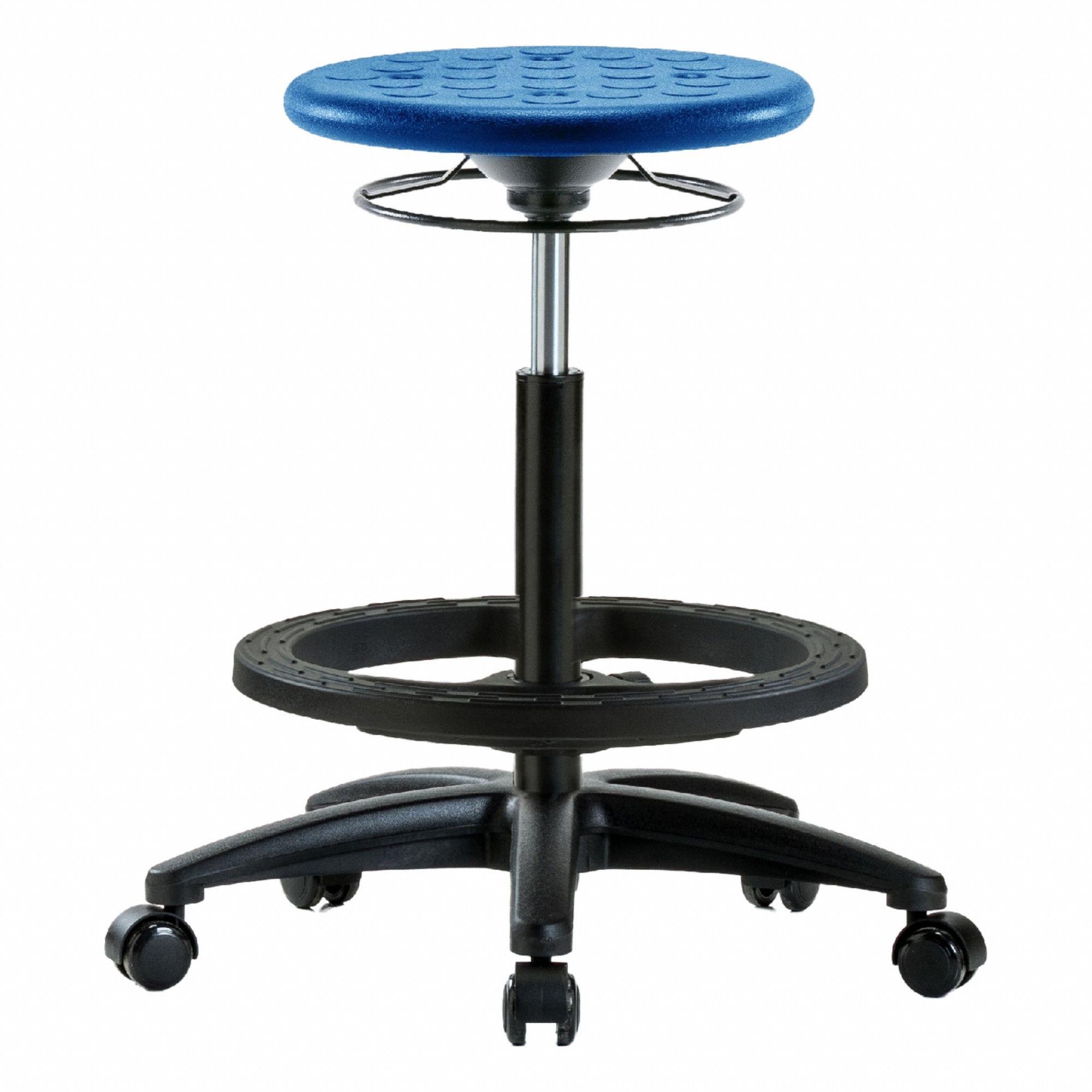 Stool: Polyurethane, Ht Range 22 in to 32 in, 13 in Seat Wd, 13 in Seat Dp, 0 Glides, 5 Casters