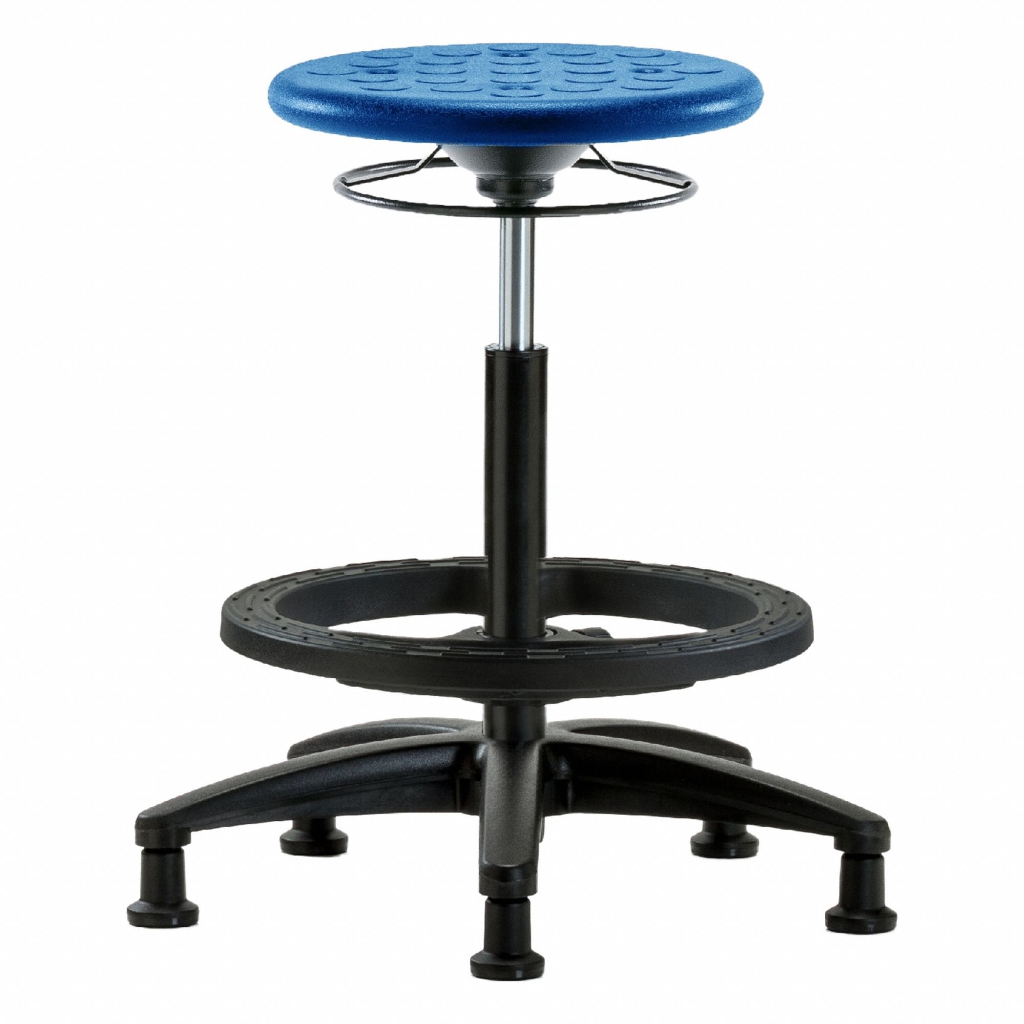 Stool: Polyurethane, Ht Range 22 in to 32 in, 13 in Seat Wd, 13 in Seat Dp, 5 Glides, 0 Casters