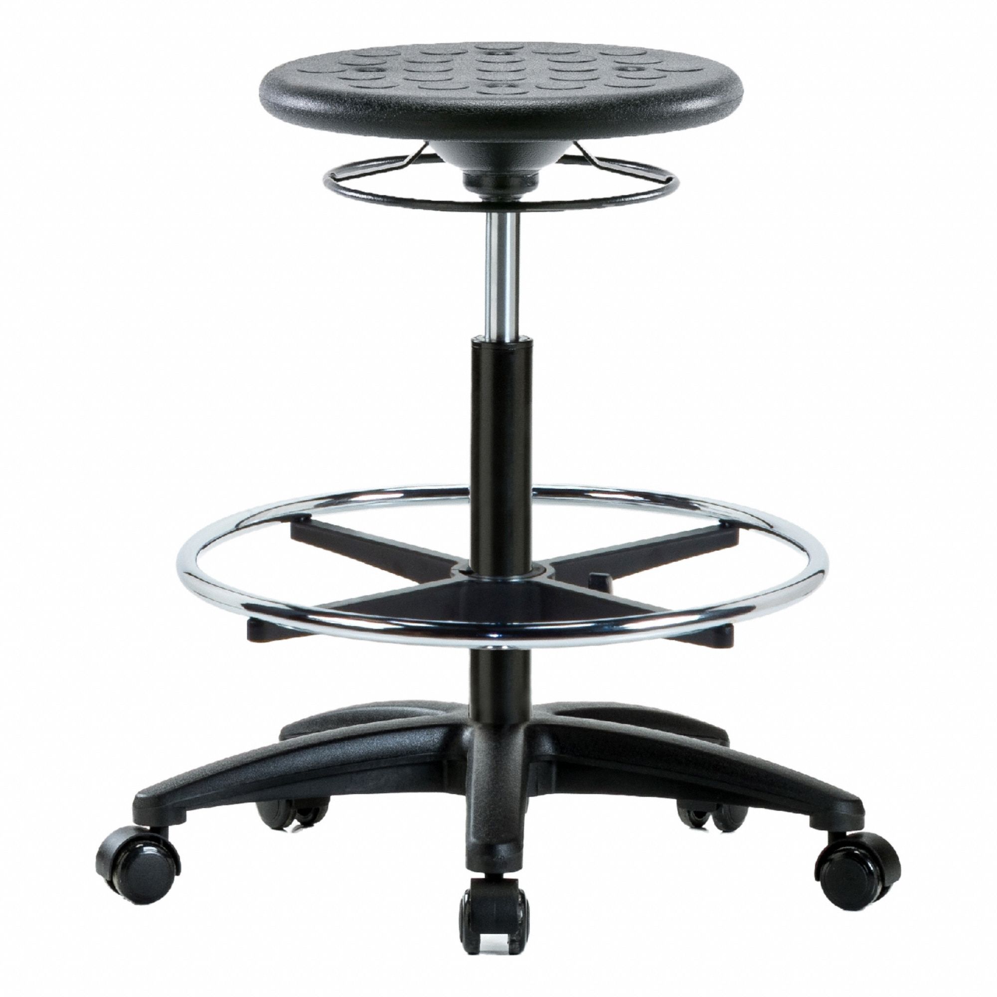 Stool: Polyurethane, Ht Range 22 in to 32 in, 13 in Seat Wd, 13 in Seat Dp, 0 Glides, 5 Casters