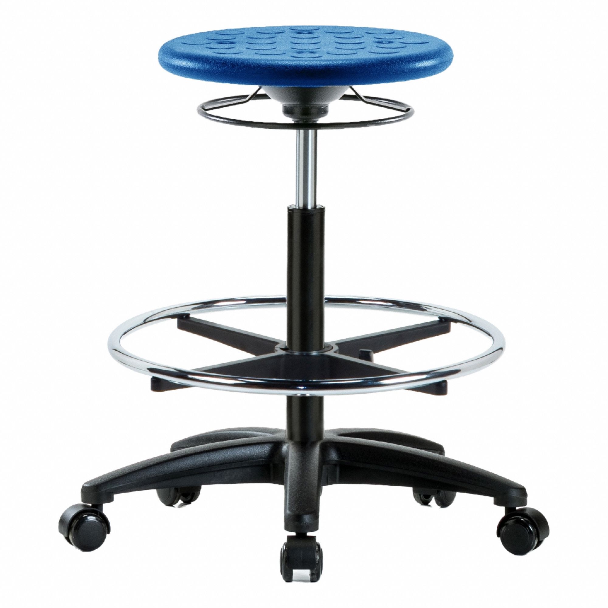 Stool: Polyurethane, Ht Range 22 in to 32 in, 13 in Seat Wd, 13 in Seat Dp, 0 Glides, 5 Casters