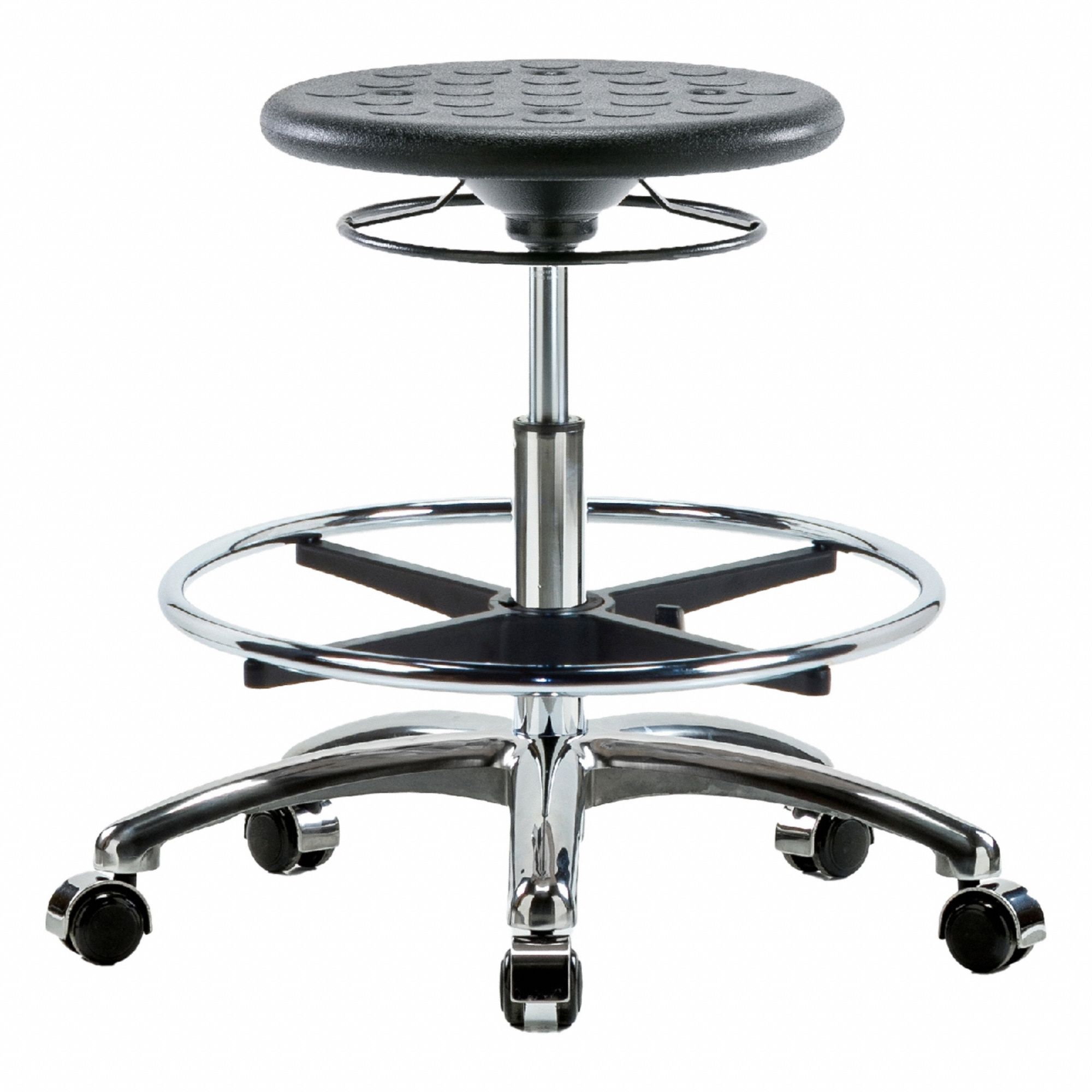 Stool: Polyurethane, Ht Range 19 1/4 in to 27 in, 13 in Seat Wd, 13 in Seat Dp, 0 Glides, 5 Casters