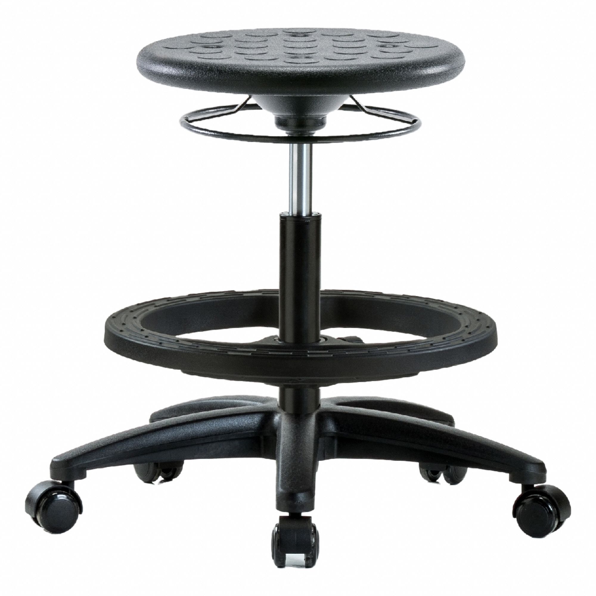 Stool: Polyurethane, Ht Range 17 3/4 in to 25 1/2 in, 13 in Seat Wd, 13 in Seat Dp, 0 Glides, Black