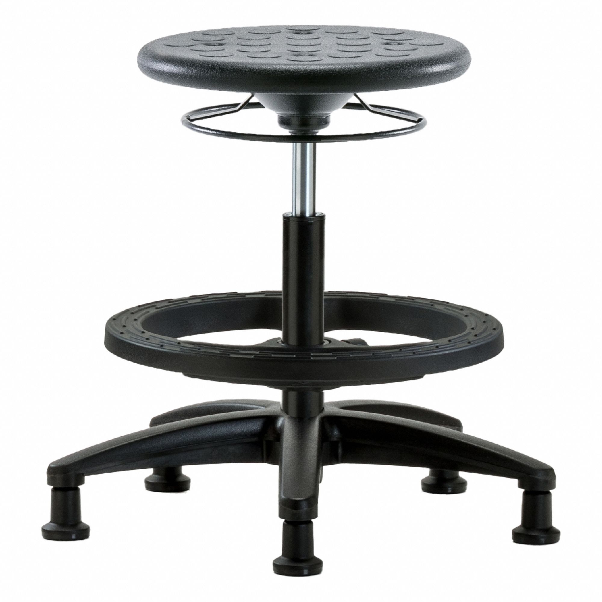 Stool: Polyurethane, Ht Range 17 3/4 in to 25 1/2 in, 13 in Seat Wd, 13 in Seat Dp, 5 Glides, Black