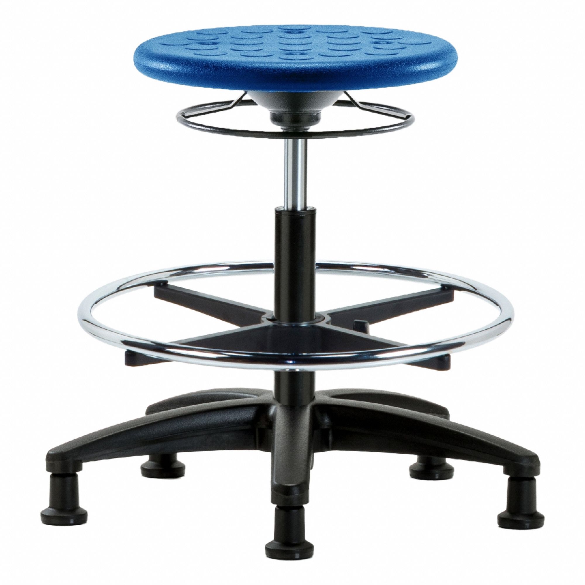 Stool: Polyurethane, Ht Range 17 3/4 in to 25 1/2 in, 13 in Seat Wd, 13 in Seat Dp, 5 Glides, Blue