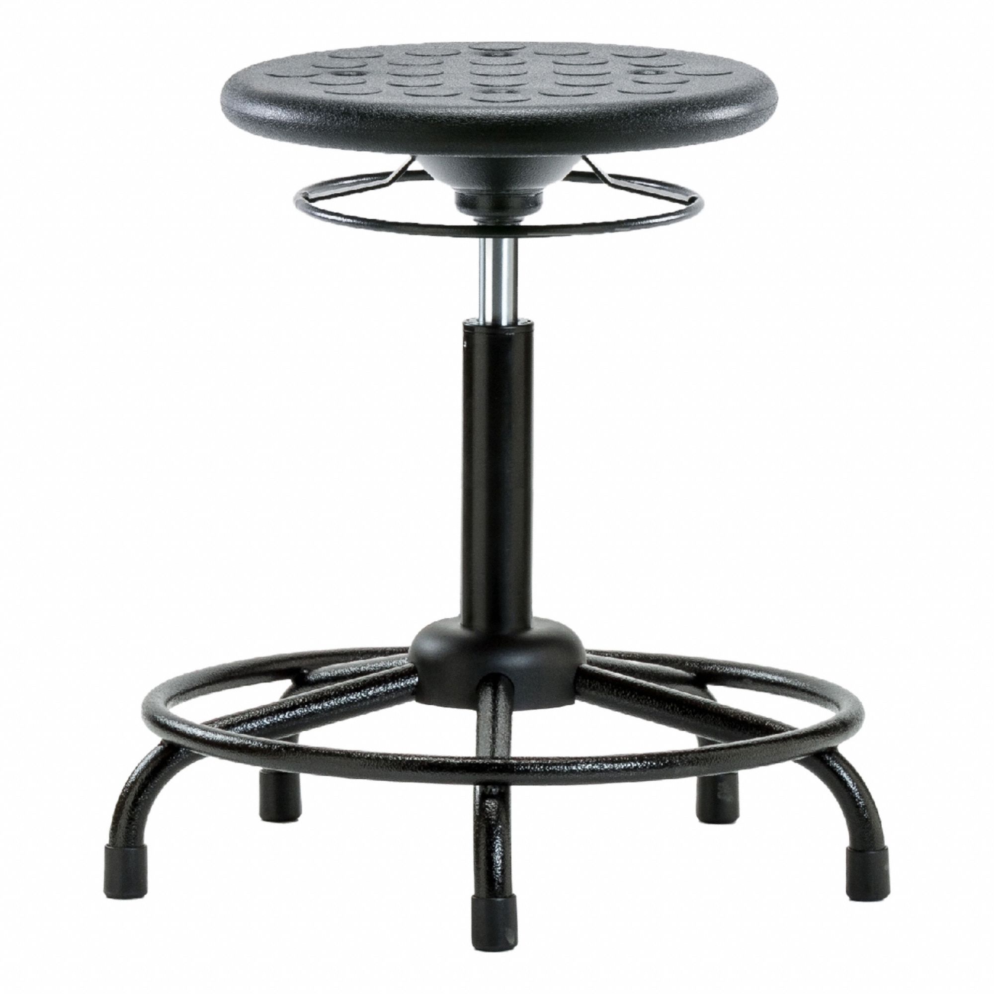 Stool: Polyurethane, Ht Range 20 1/2 in to 28 1/2 in, 13 in Seat Wd, 13 in Seat Dp, 5 Glides, Black
