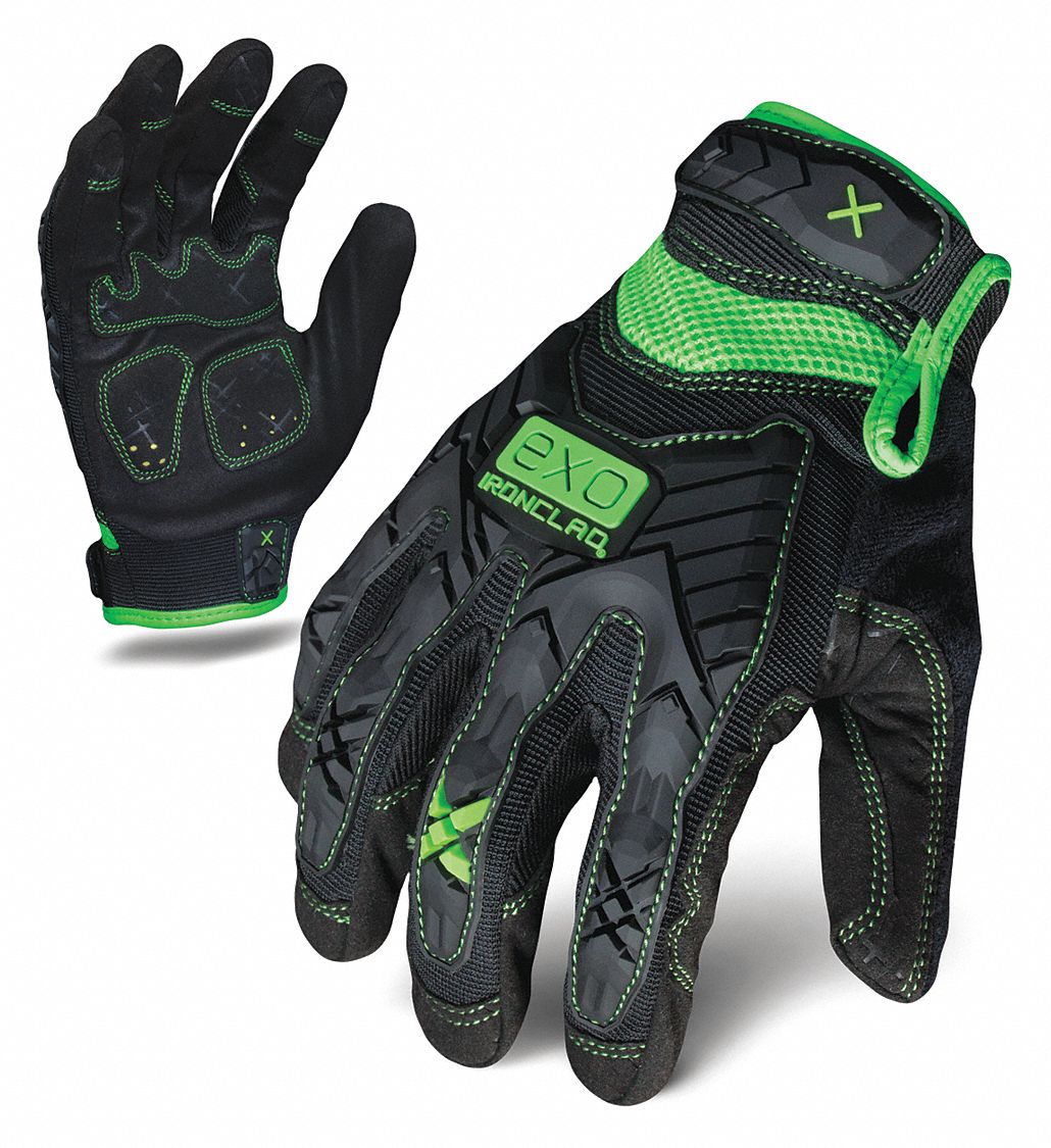 GLOVES, IMPACT-RESISTANT, ANTI-ABRASION, FULL FINGER, SZ L/9, BLK/GRN, SYNTH LEATHER/SPANDEX/TPR