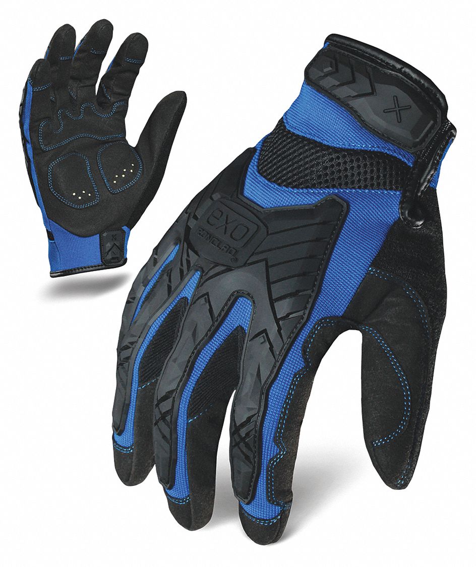 GLOVES, IMPACT-RESISTANT, ANTI-ABRASION, FULL FINGER, SZ L/9, BL/BLK, SYNTH LEATHER/POLY/SPANDEX/TPR