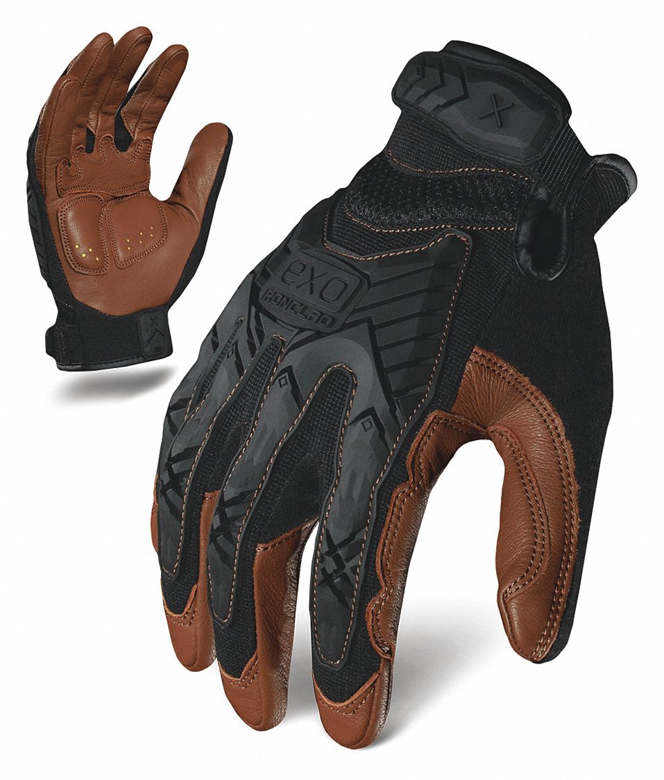 GLOVES, IMPACT RESIST, ANTI-ABRASION, FULL FINGER, XL/10, BLK/BRN, GOATSKIN LEATHER/POLY/SPANDEX/TPR
