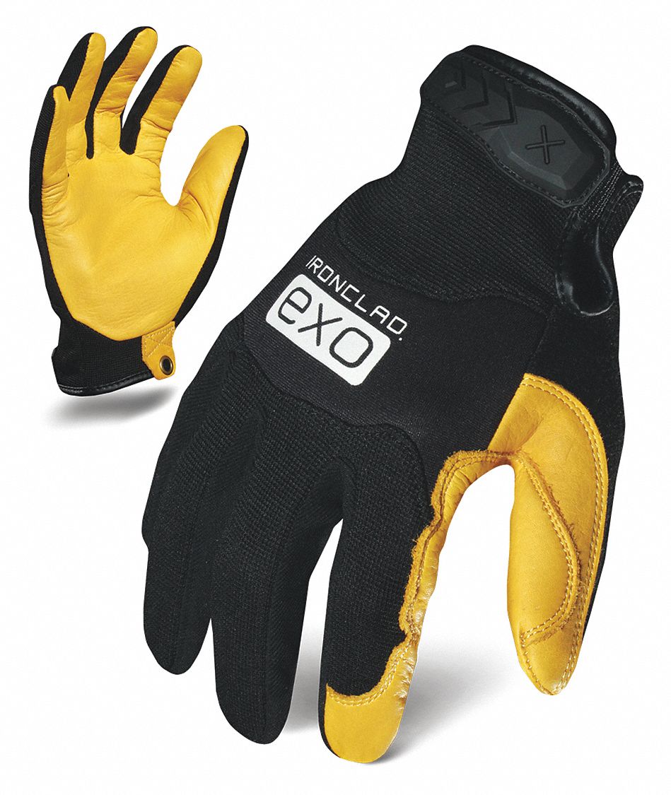 GLOVES, IMPACT RESIST, ANTI-ABR, FULL FINGER, M/8, BLK/GOLD, CALFSKIN LEATHER/SPANDEX/NEOPRENE/TPR