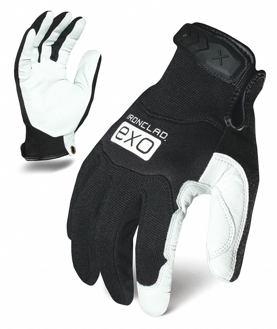 GLOVES, IMPACT RESIST, ANTI-ABR, FULL FINGER, L/9, BLK/WHT, GOATSKIN LEATHER/SPANDEX/NEOPRENE/TPR