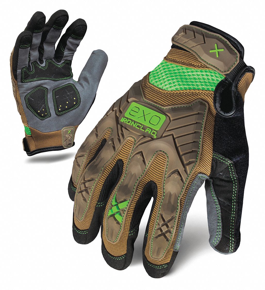 GLOVES, IMPACT RESIST, ANTI-ABRASION, FULL FINGER, L/9, BRN/GRY, SYNTH LEATHER/POLY/SPANDEX/TPR