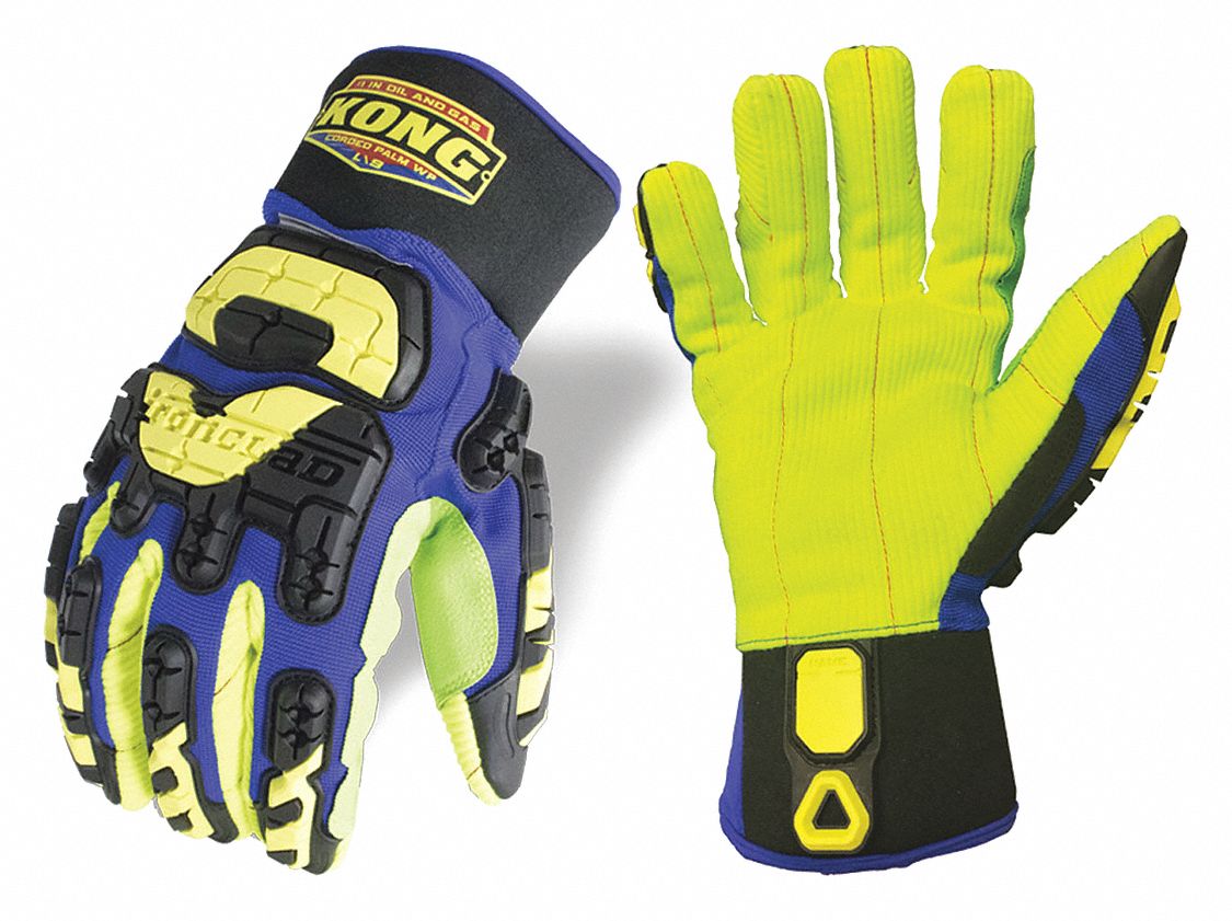 GANTS,ÉTANCHE,RÉSIST CHOCS,DOIGT COMPLET,TTTG/12,BLEU/JNE HT VIS,POLY/NYL/TPR