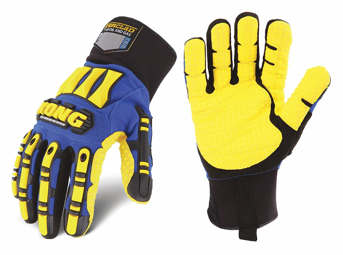 GLOVES, WATER RESIST/DOTTED PALM, SZ XXX-LARGE/12/ 5 29/32 IN, BL/YLW, NYLON/SPANDEX/TPR/LEATHER