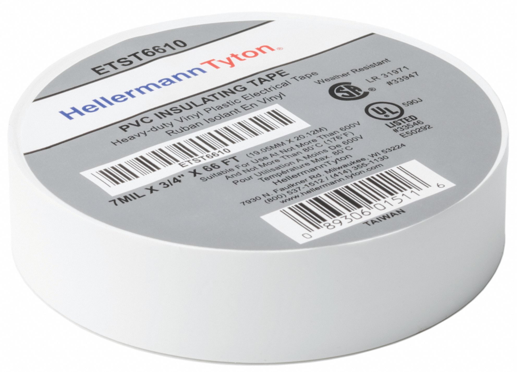 PVC INSULATING TAPE, ETST66W, 7 MIL THICK, 3/4 IN X 66 FT, WHITE