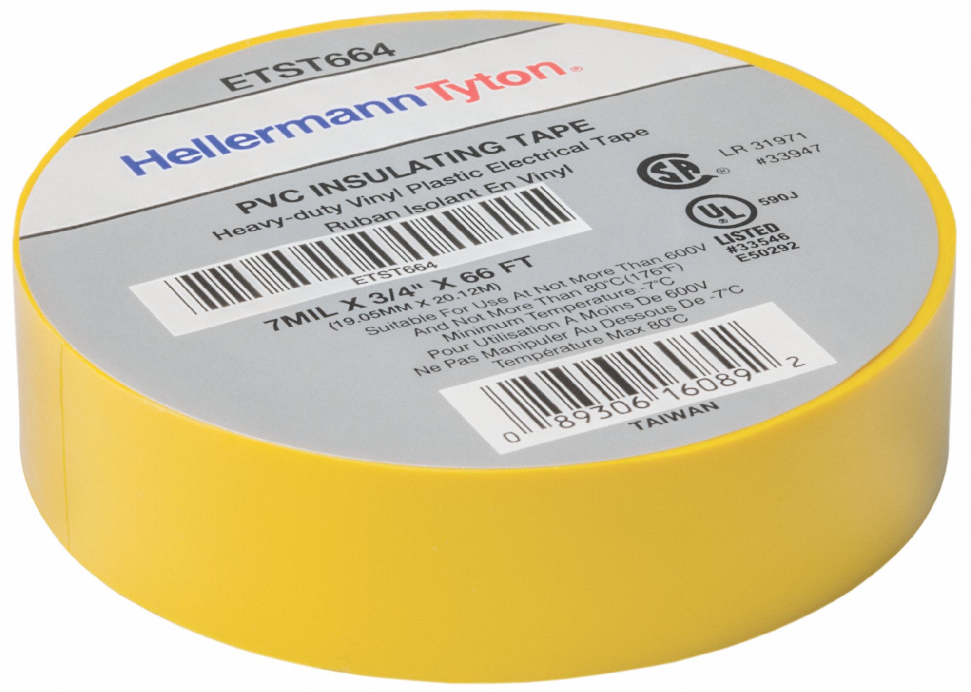 PVC INSULATING TAPE, ETST66Y, 7 MIL THICK, 3/4 IN X 66 FT, YELLOW