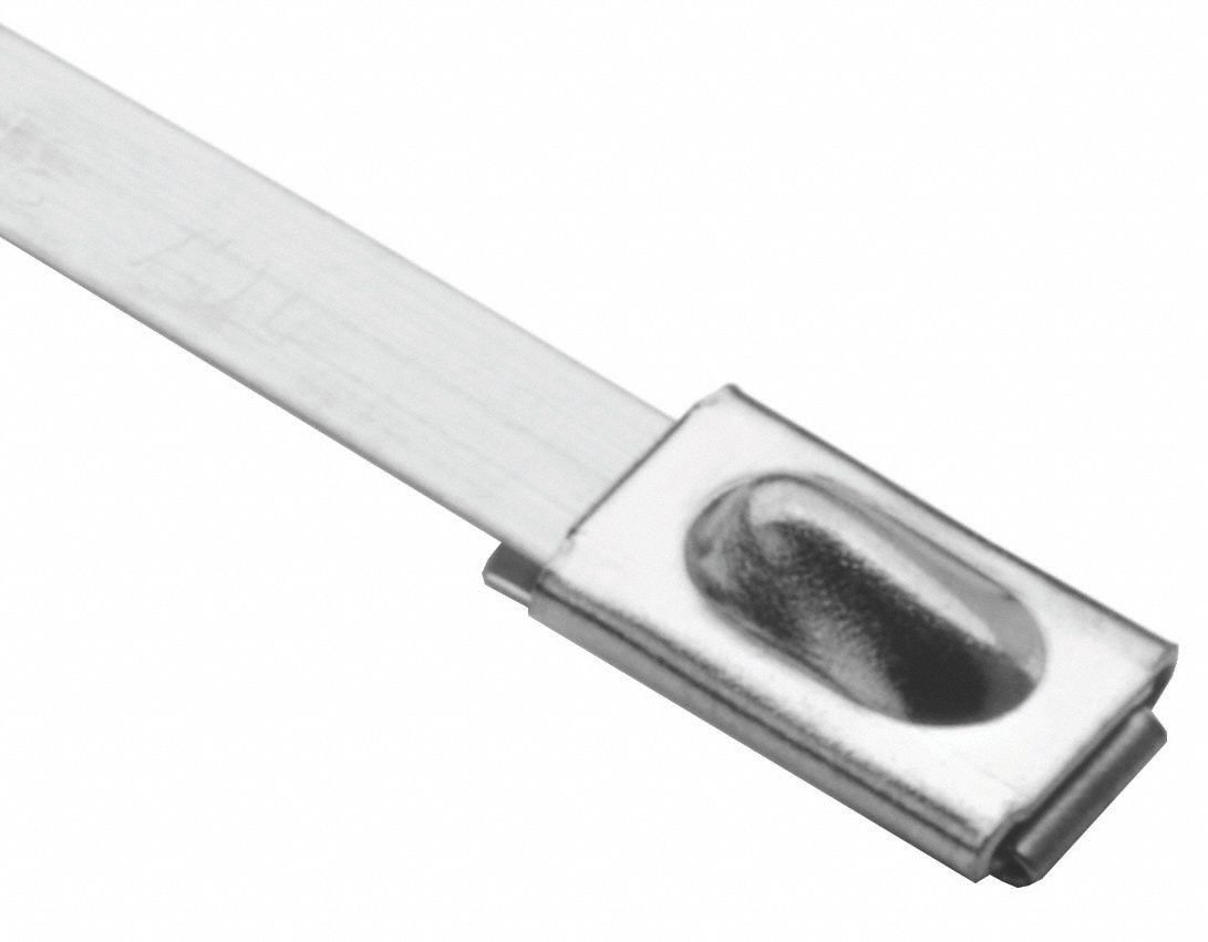 X-HEAVY DUTY CABLE TIE,BARB LOCK,-80 ° C TO 538 ° C,14.2 X .01 IN/4 IN MAX DIA,STNLSS STEEL,PK 100