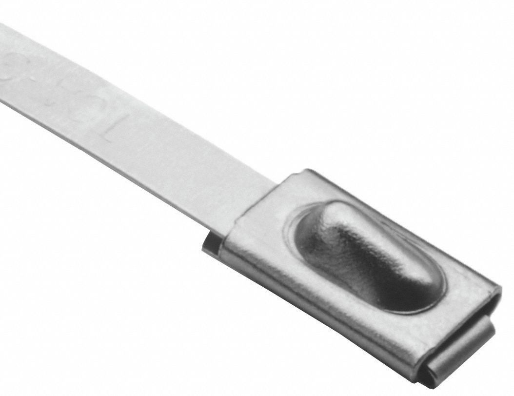 X-HEAVY DUTY CABLE TIE,BARB LOCK,150 LB,-80 ° C TO 538 ° C,8 X .01 IN/2 IN MAX DIA, STNLS STEEL, PK 100