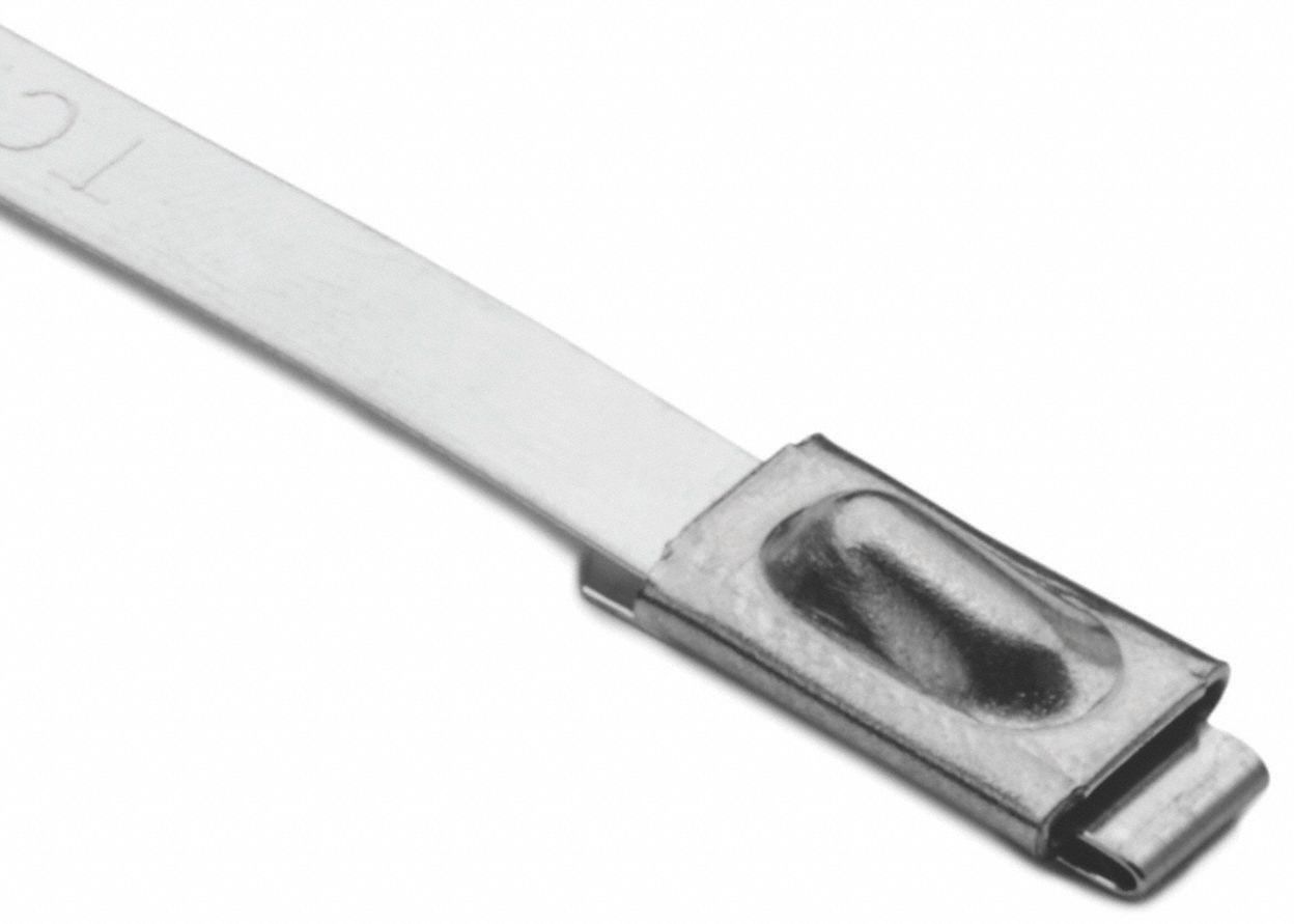 X-HEAVY DUTY CABLE TIE,BARB LOCK,-80 ° C TO 538 ° C,7.9 X .01 IN/2 IN MAX DIA,STNLS STEEL,PK 100