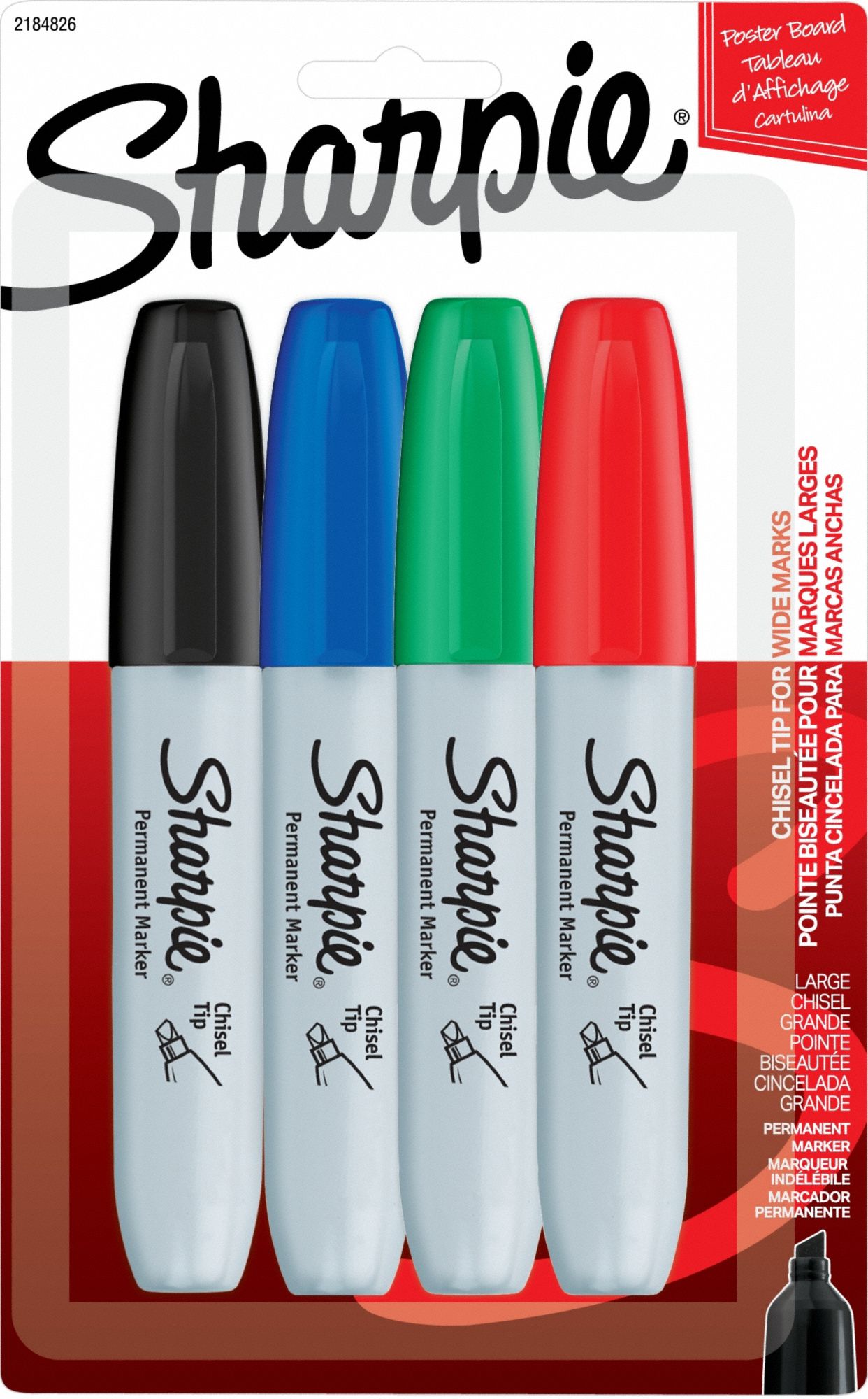 Permanent Marker Set: Assorted, Black/Blue/Green/Red, Capped, Chisel, Permanent Ink, 4 PK