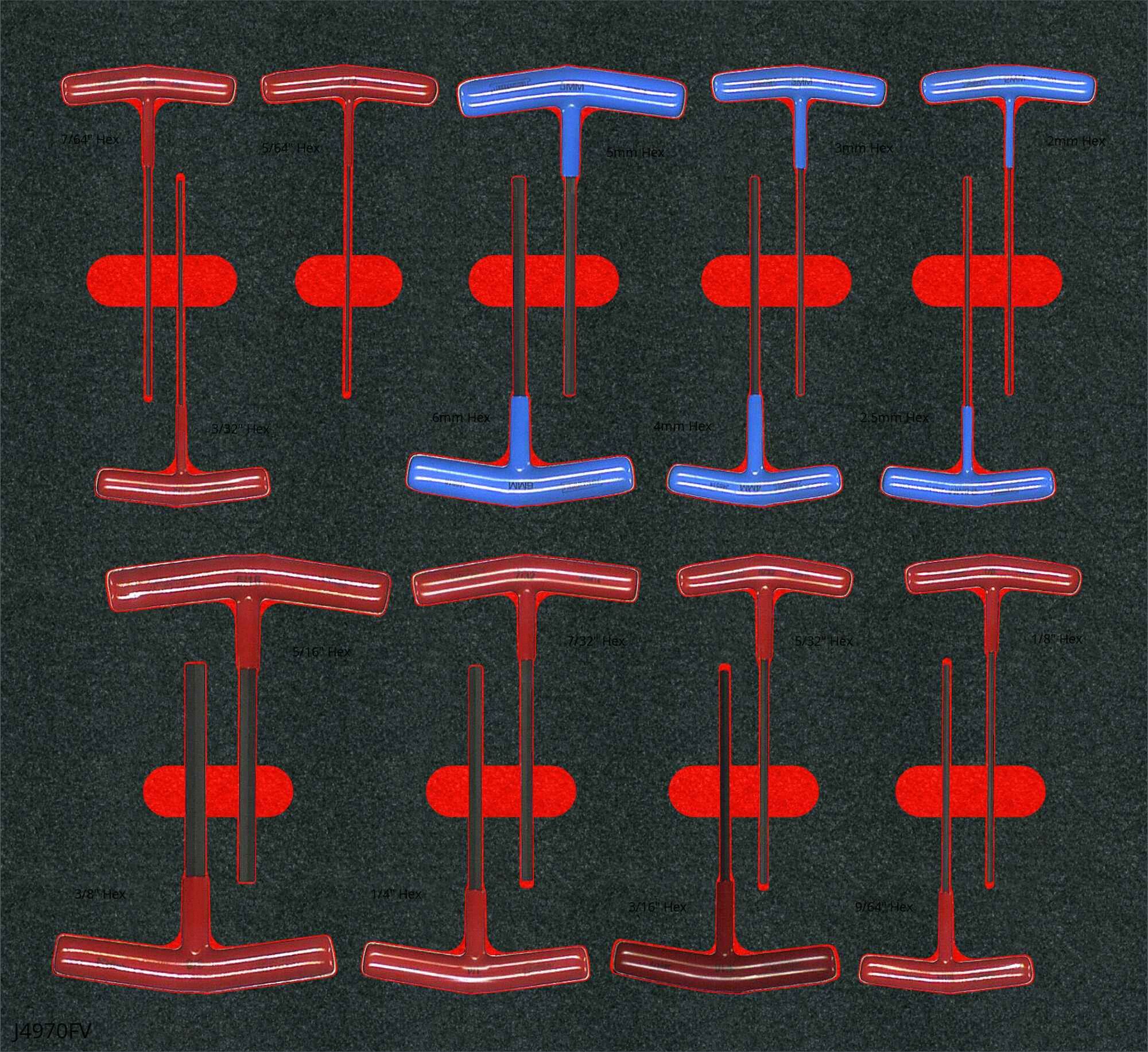 Hex Key Set: 16 or More Pieces, T, Metric and SAE, Std End, Long, 17 Pieces, Tray, Black Oxide