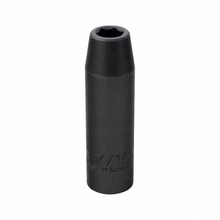 Impact Socket: 1/2 in Drive Size, SAE, 7/16 in Socket Size, 6-Point, Deep, 3 1/4 in Overall Lg