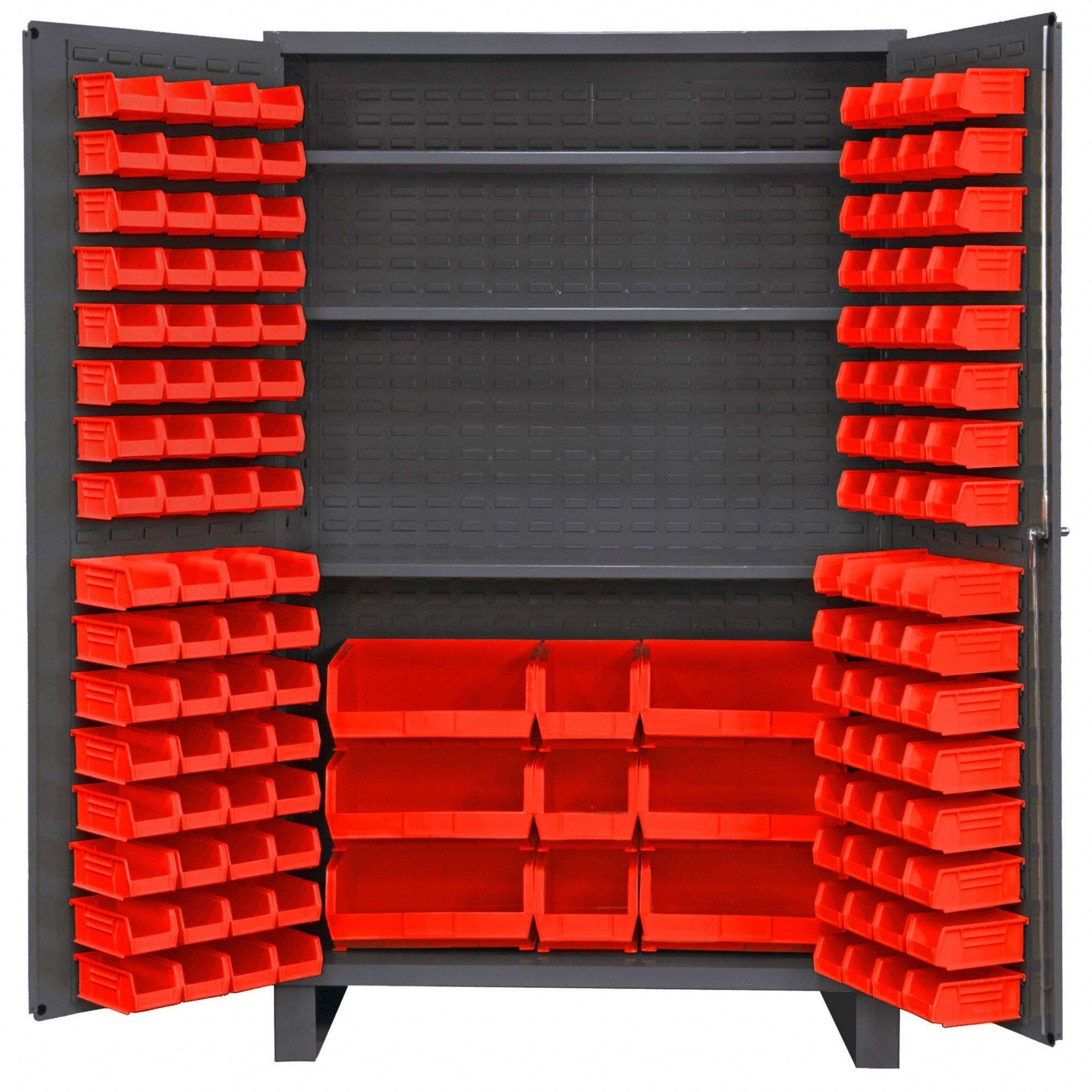 Bin Cabinet: 48 in x 24 in 78 in, 3 Shelves, 137 Bins, Red, Flush, 14 ga Panel, Gray