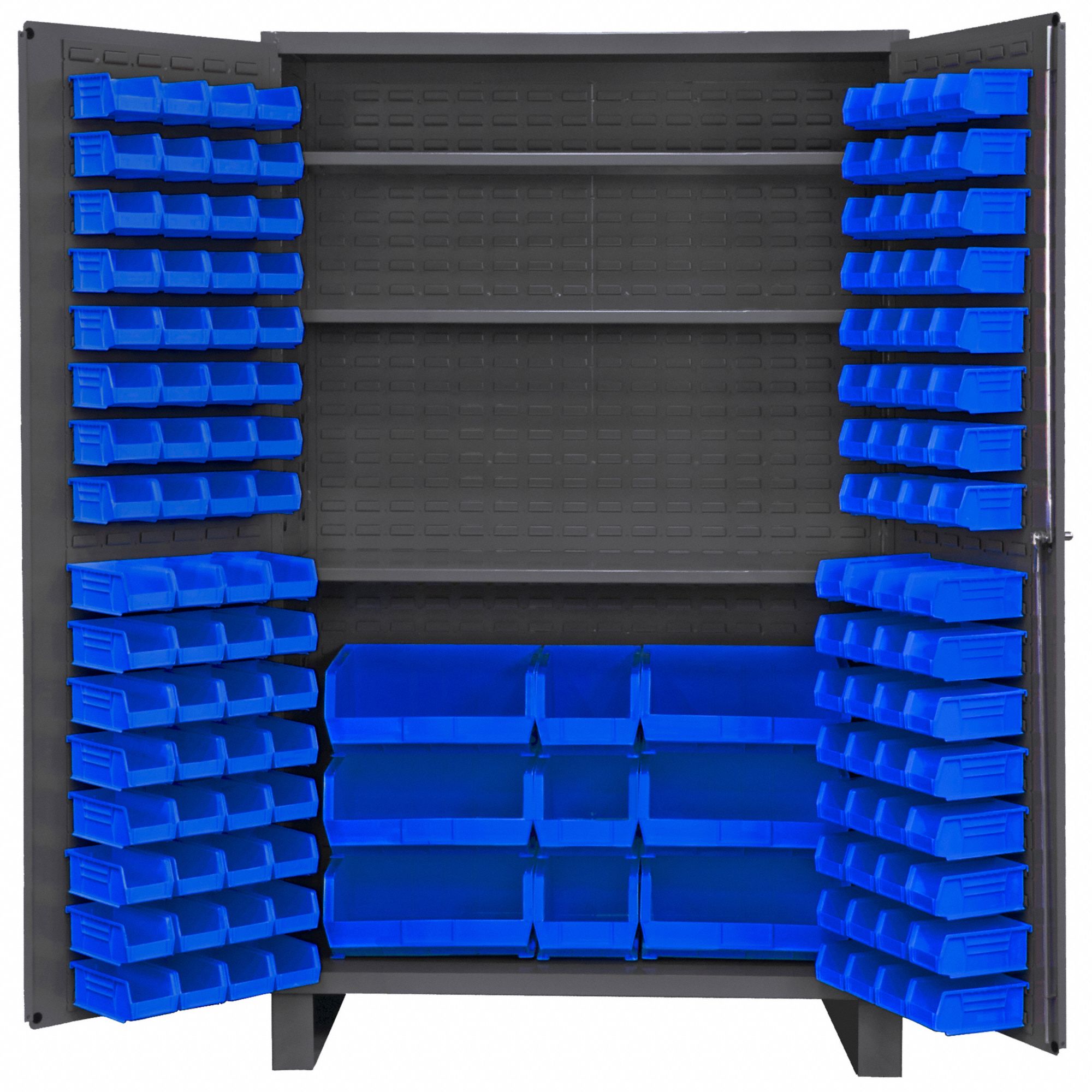 Bin Cabinet: 48 in x 24 in 78 in, 3 Shelves, 137 Bins, Blue, Flush, 14 ga Panel, Gray