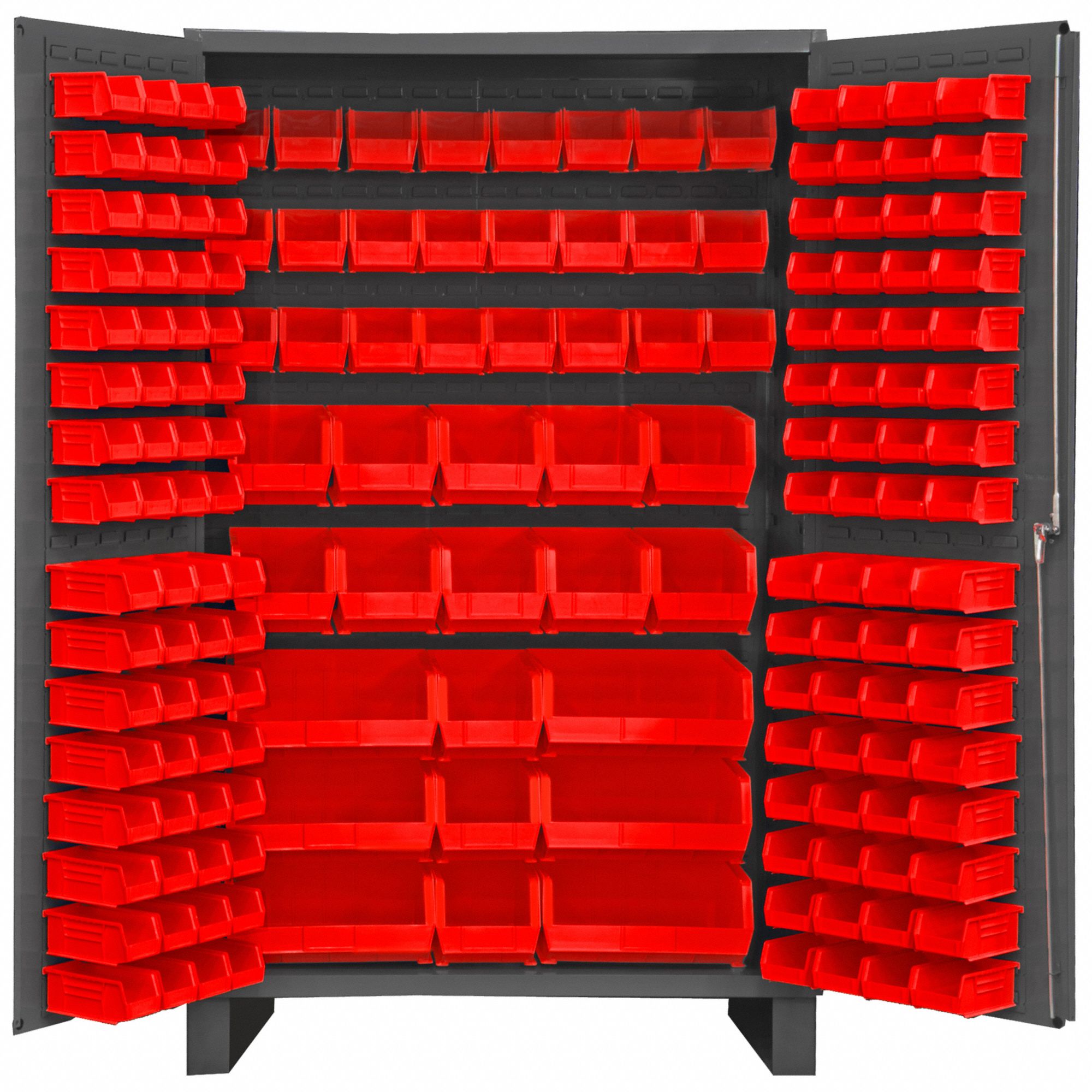 Bin Cabinet: 48 in x 24 in 78 in, 0 Shelves, 171 Bins, Red, Flush, 14 ga Panel, Gray