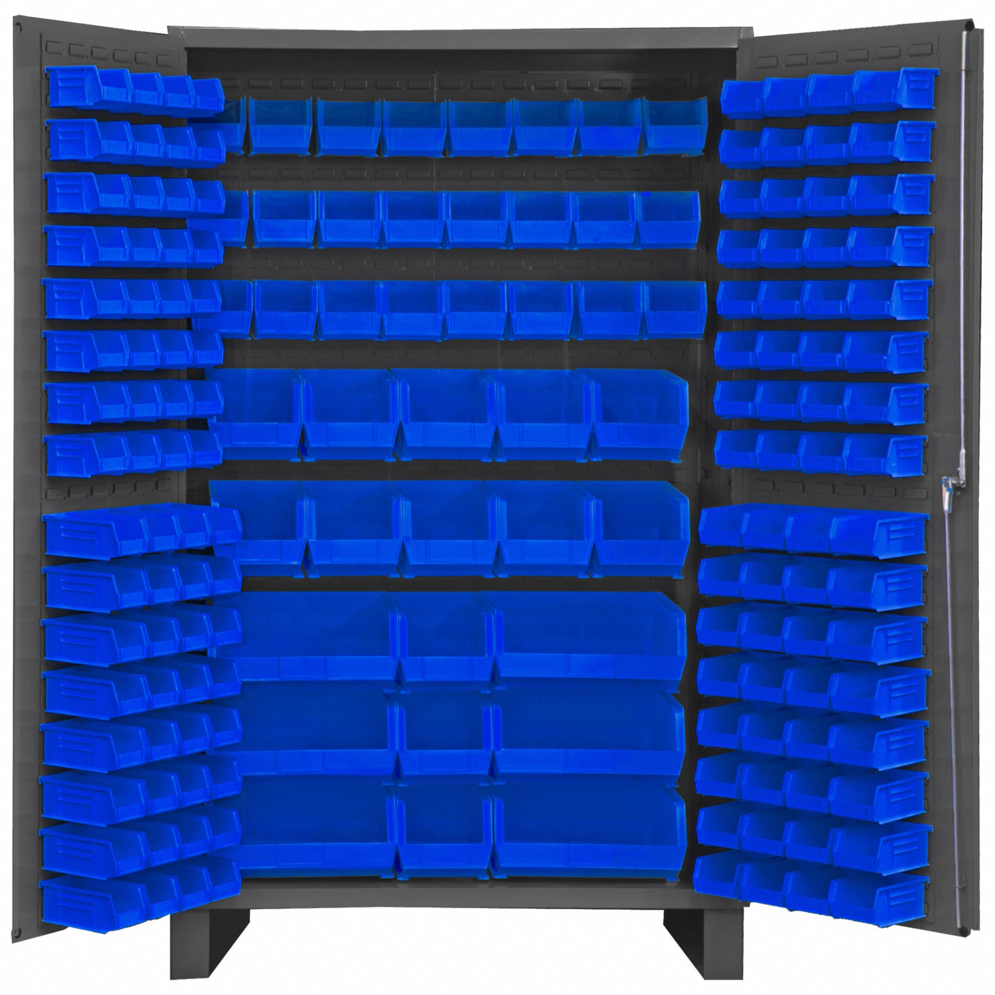 BIN CABINET, 48 IN X 24 IN 78 IN, 171 BINS, BLUE, FLUSH, 14 GA PANEL, GREY