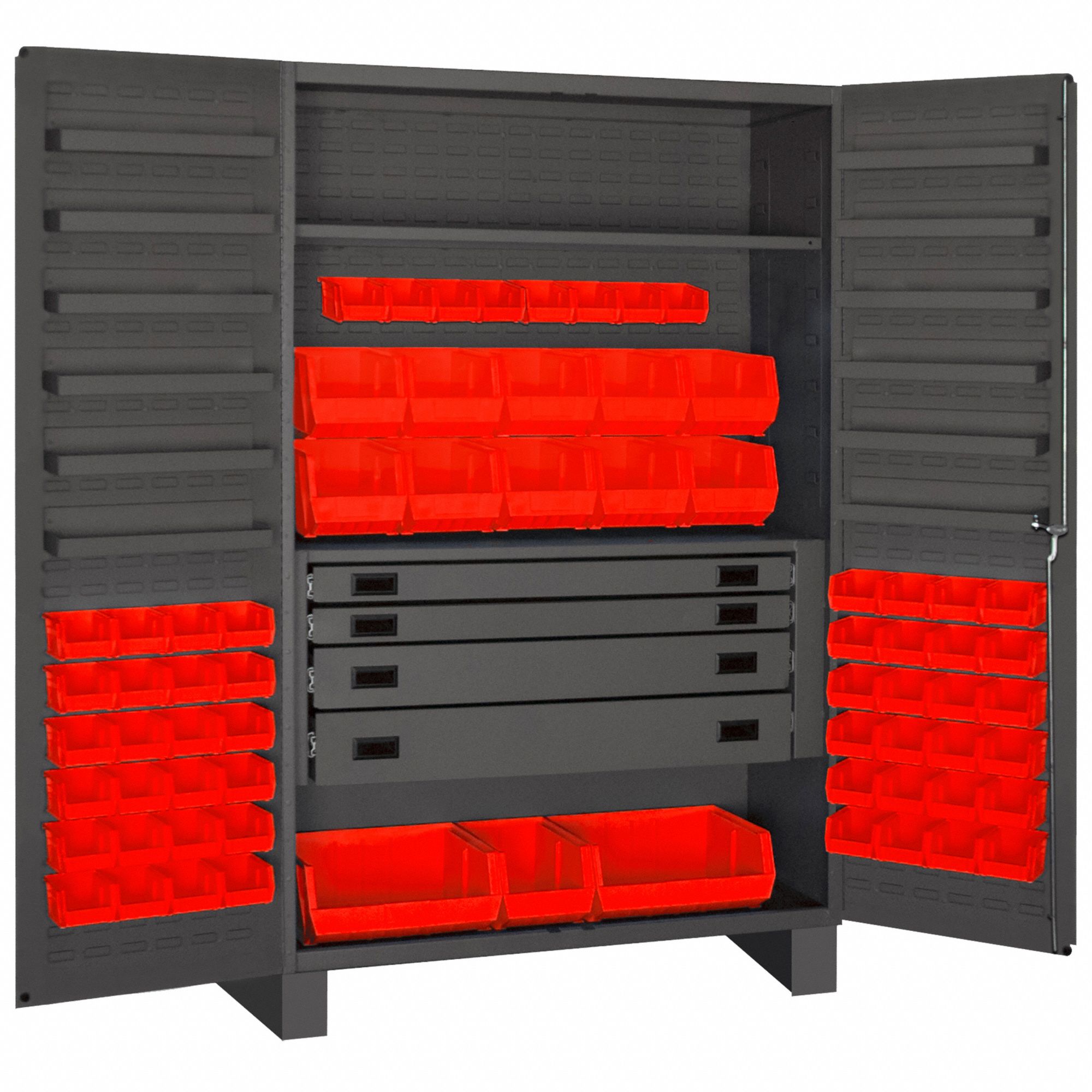 Bin Cabinet: 48 in x 24 in 78 in, 13 Shelves, 69 Bins, Red, 4 Drawers, Deep Box, Gray