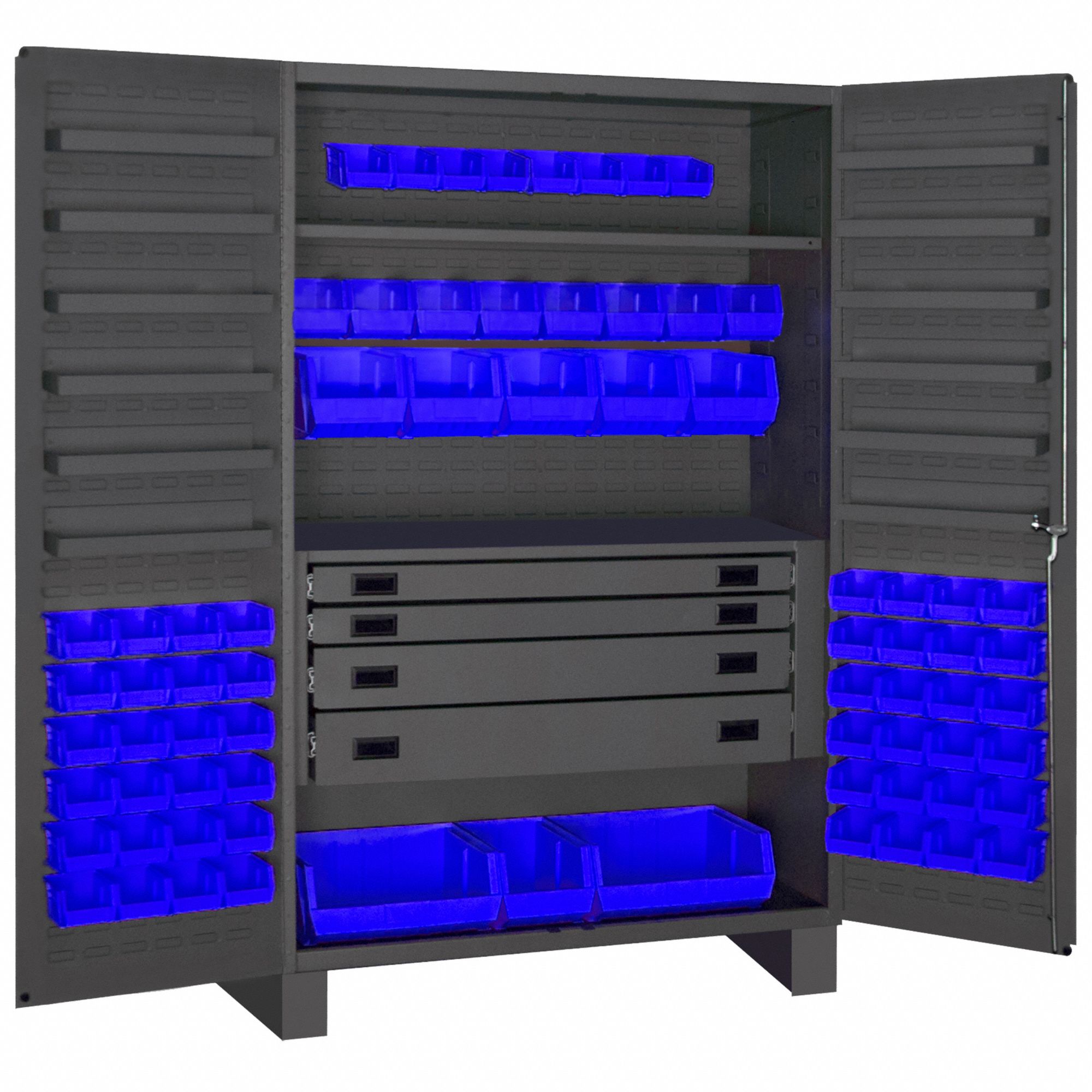 BIN CABINET, 48 IN X 24 IN 78 IN, 13 SHELVES, 72 BINS, BLUE, 4 DRAWERS, FLUSH, GREY