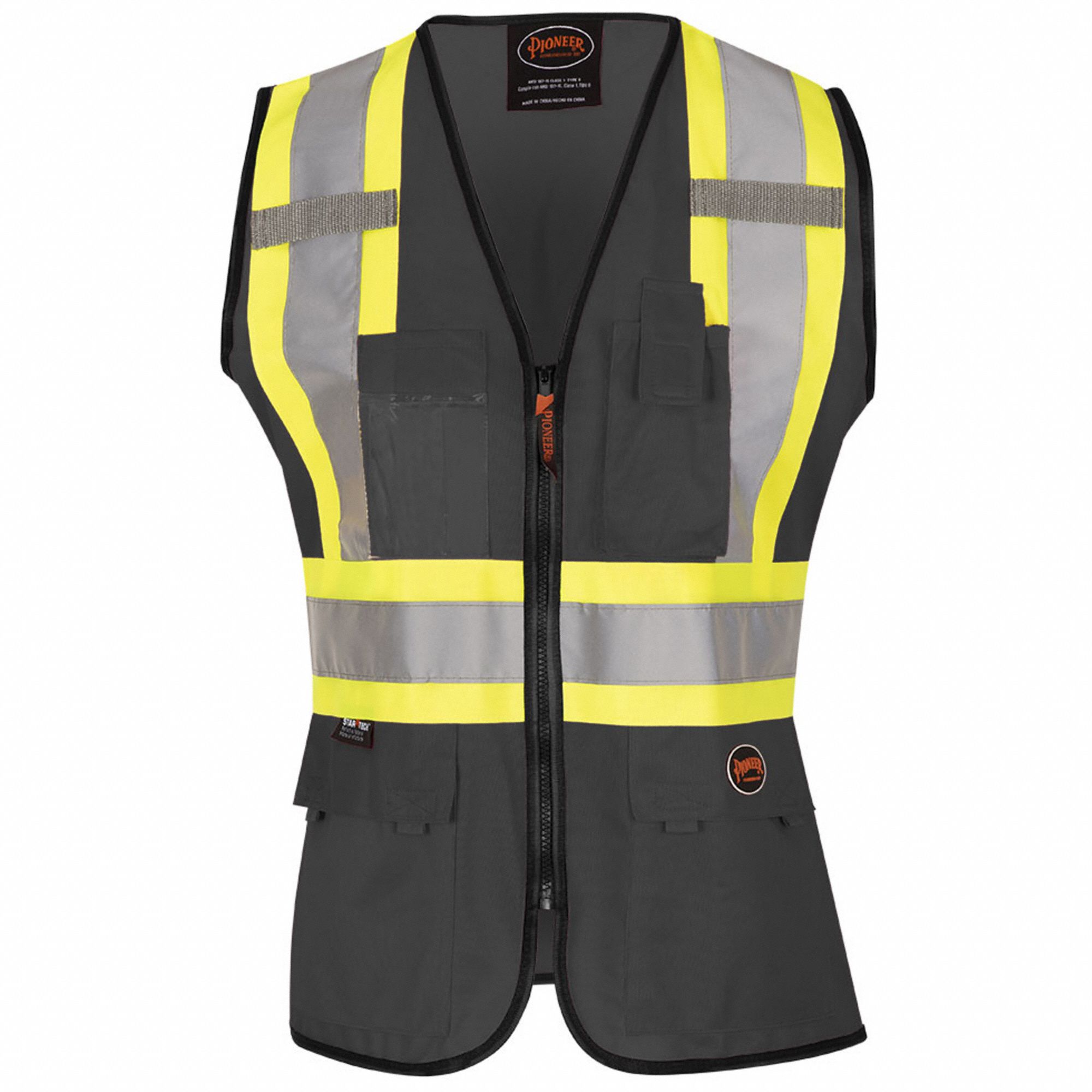 WOMEN'S SAFETY VEST, L, BLACK, POLYESTER, STARTECH REFLECTIVE, ZIPPER, CSA/ANSI, POCKETS