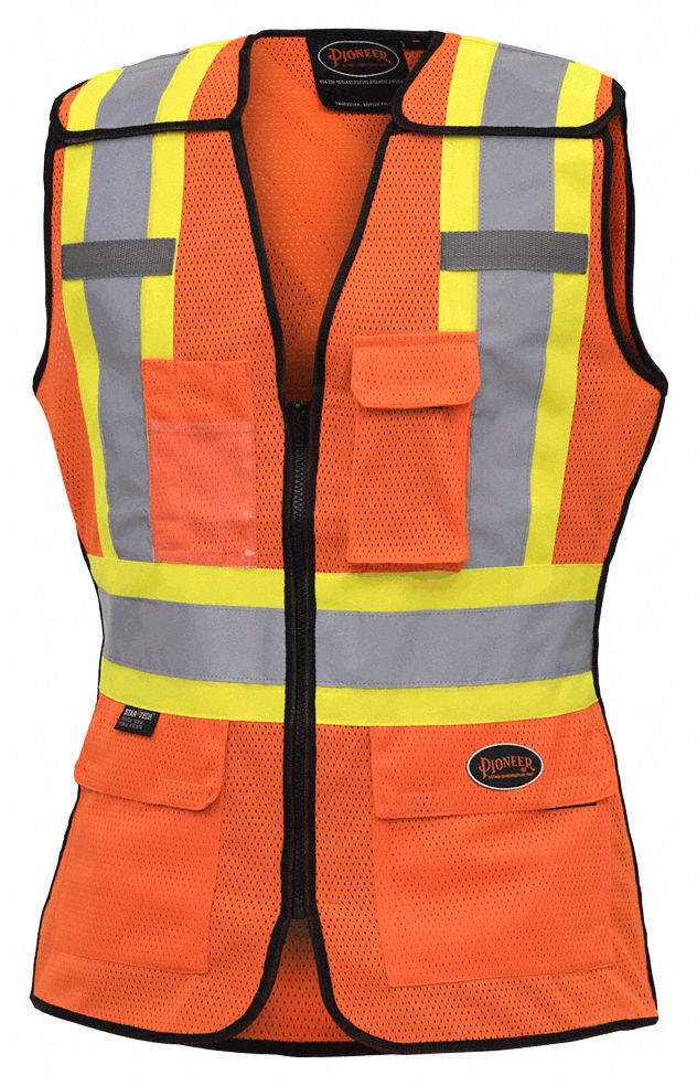 WOMEN'S SAFETY VEST, M, ORNG, POLY, STARTECH REFLECTIVE, ZIPPER, CSA, TEAR-AWAY, POCKETS