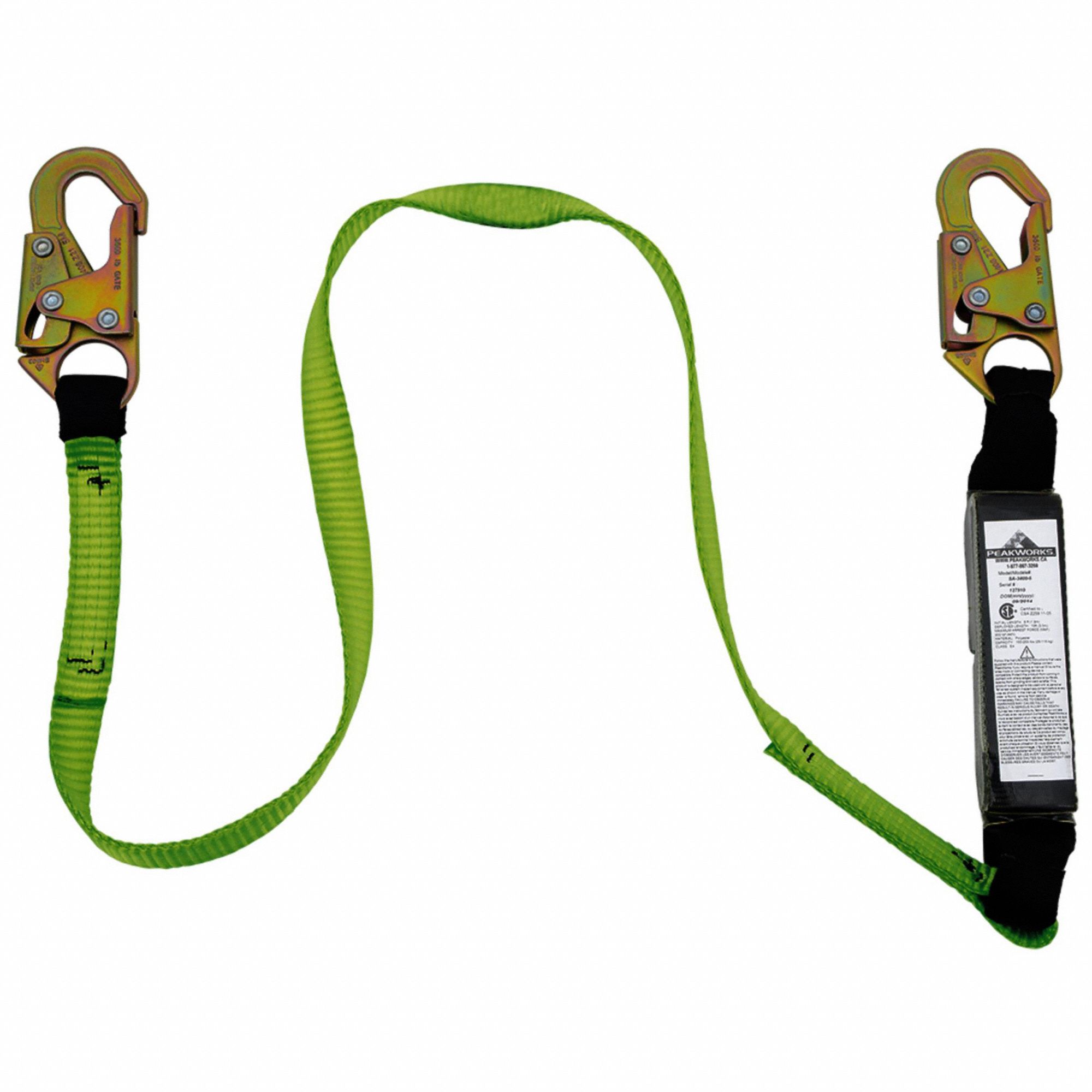 LANYARD, POLYESTER WEBBING, STEEL HARDWARE, 6 FT MAX FALL, 220LB CAPACITY, 1 LEG, GRN
