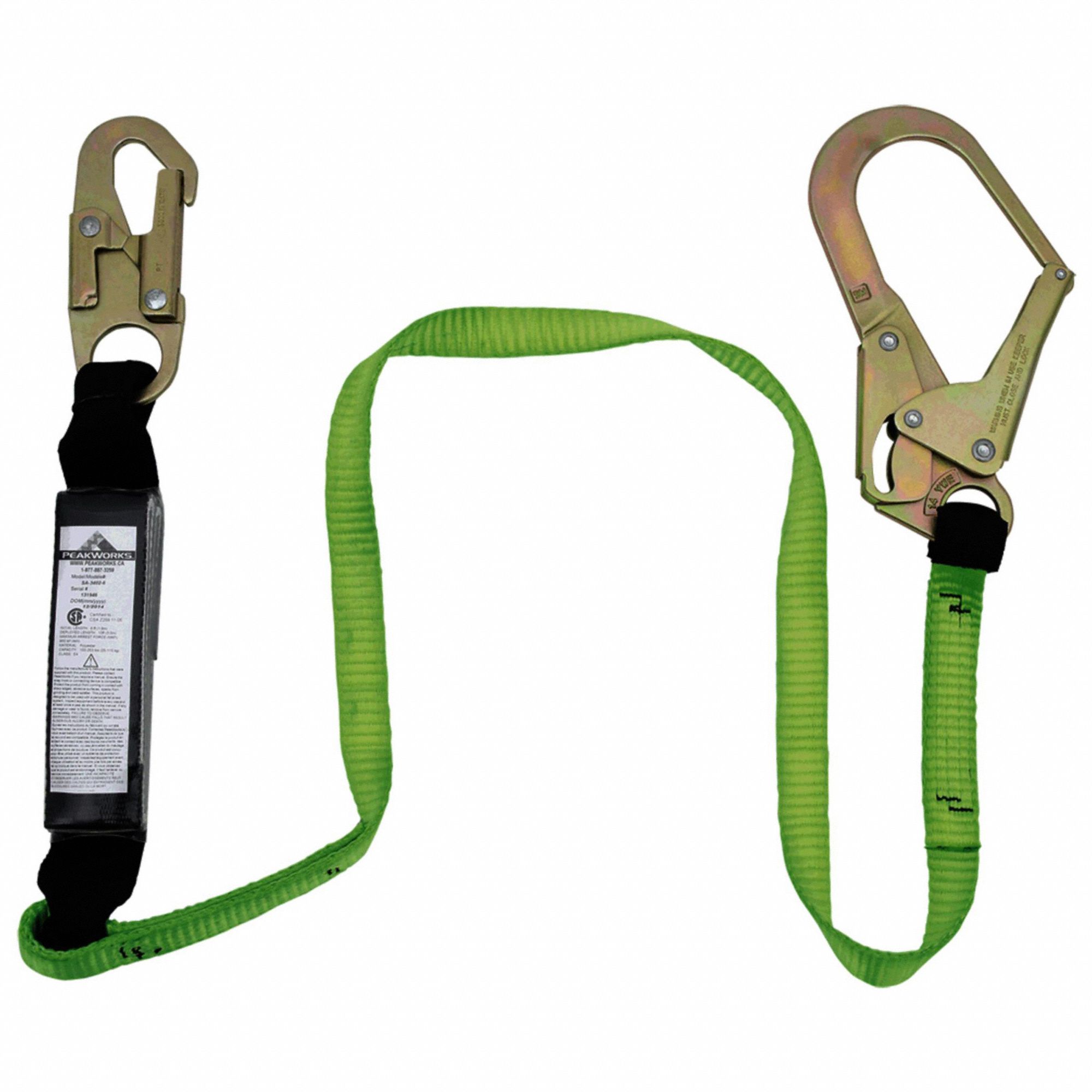 LANYARD, POLYESTER WEBBING, STEEL HARDWARE, 6 FT MAX FALL, 220LB CAPACITY, 1 LEG, GRN