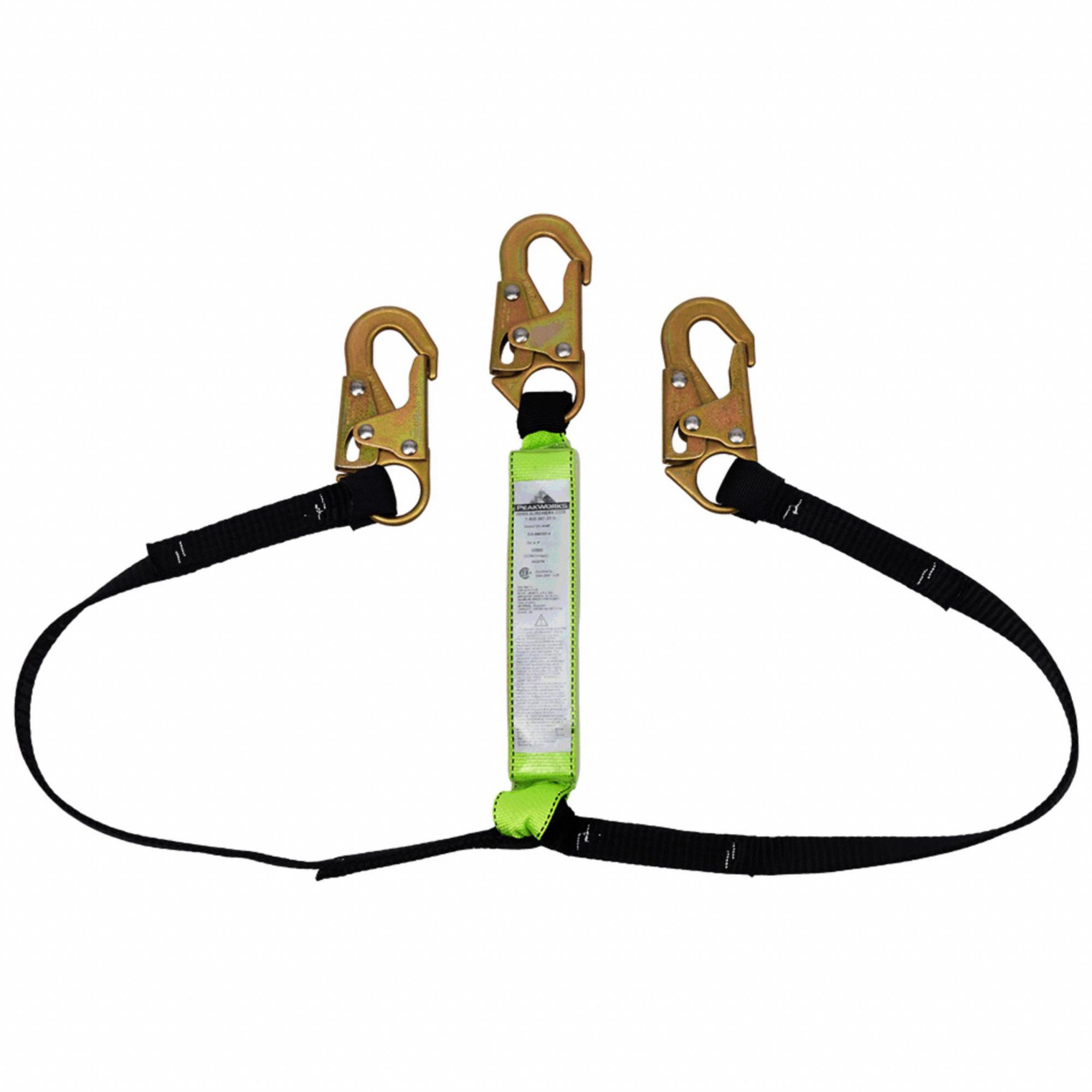 LANYARD, POLY WEBBING, STEEL HARDWARE, 6 FT MAX FALL, 350 LB CAPACITY, 2 LEGS, BLK