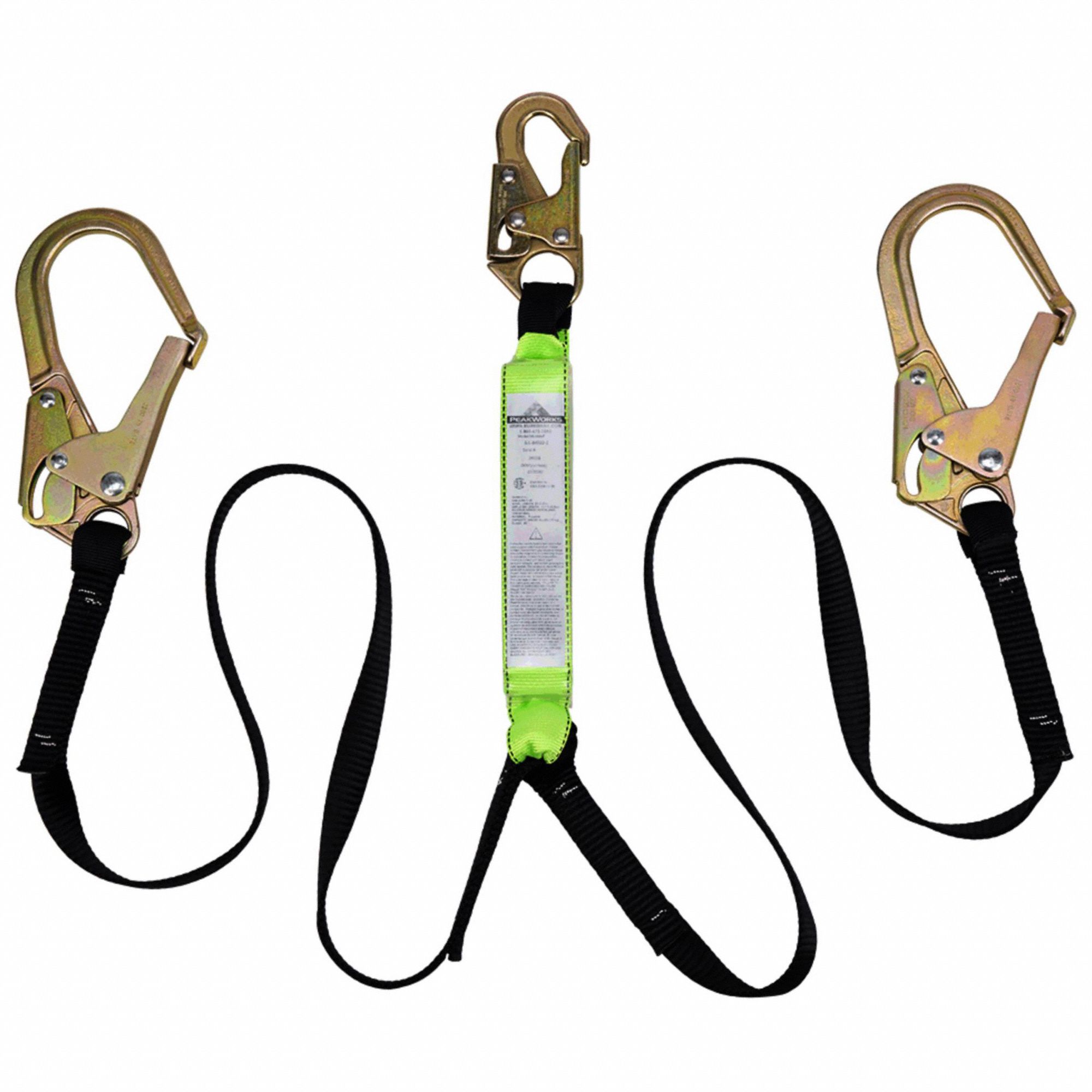 LANYARD, POLYESTER WEBBING, STEEL HARDWARE, 6 FT MAX FALL, 350LB CAPACITY, 2 LEGS/BLK