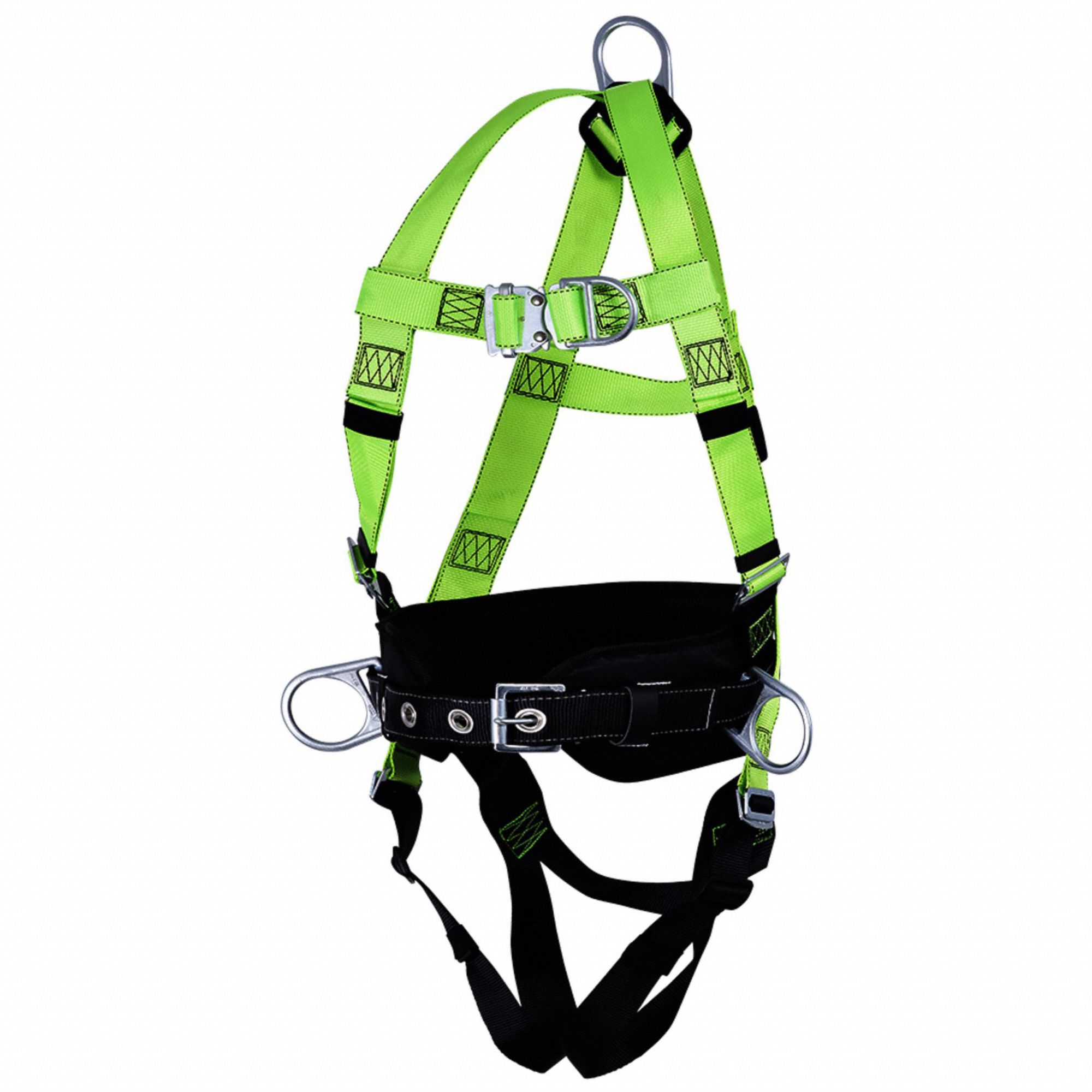 FALL PROTECTION HARNESS, S, BACK/WAIST PAD, POLY WEBBING, STEEL HARDWARE, 310LB, HI-VIS