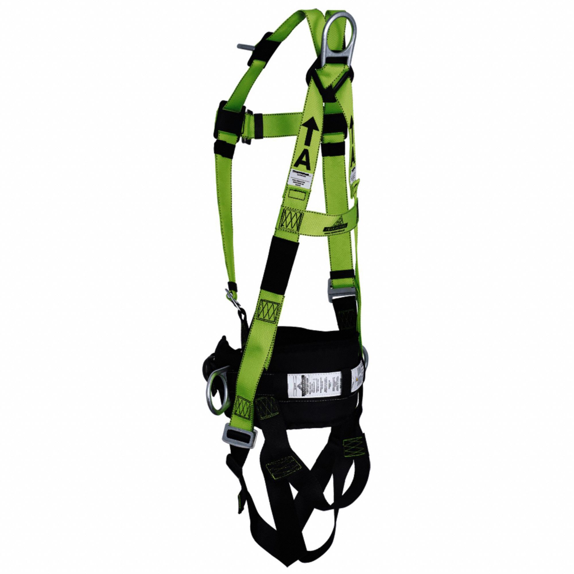 FALL PROTECTION HARNESS, XL, BACK/WAIST PAD, POLY WEBBING, STEEL HARDWARE, 310LB, HI-VIS