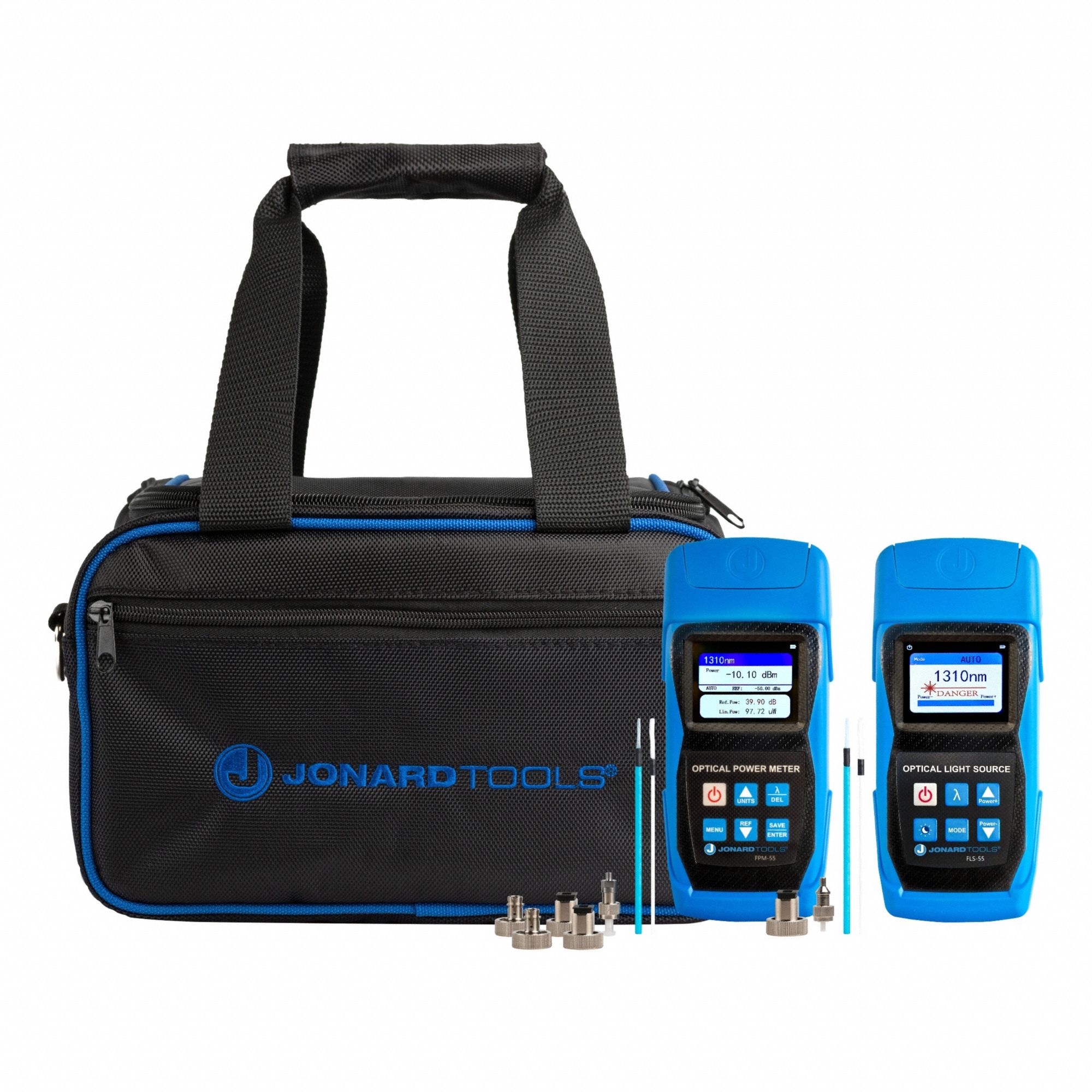 JONARD TOOLS Fiber Optic Power Meter: Light Source Power Meter Kit, FC/LC (PC/UPC)/SC (APC/PC/UPC) (MPN FPL-5555). Key specifications — Product Type: Light Source Power Meter Kit; Includes: (2) Cleaning Swabs; Manufacturer Part Number: FPL-5555; Adapters Included: FC; Brand: JONARD TOOLS; Connector Type: SC (APC/PC/UPC); Features: (FLS-55) Highly Stable Output Power and Wavelengths; Testing Functions: Optical Power Measuring.
