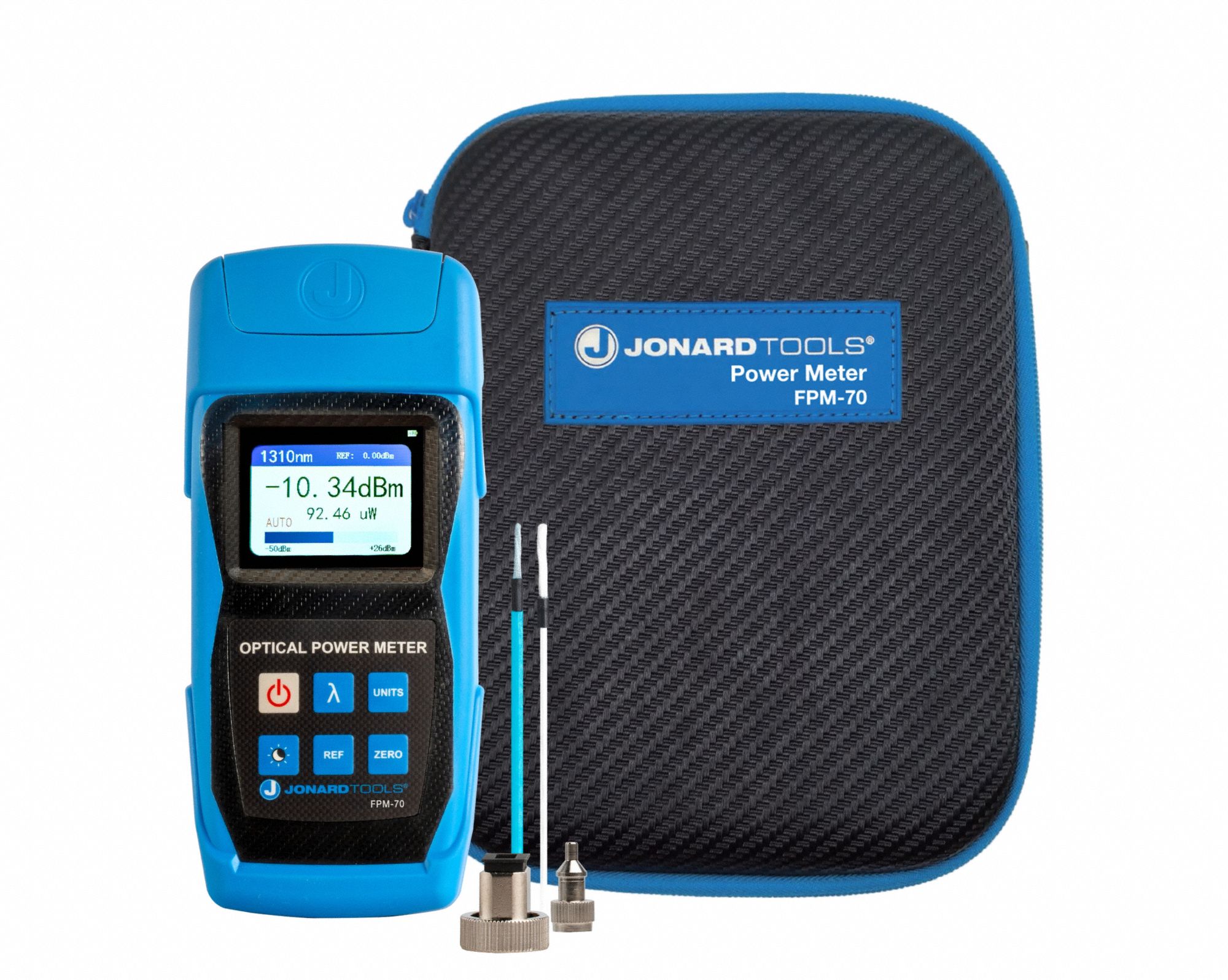 JONARD TOOLS Fiber Optic Power Meter: Fiber Optic Power Meter, FC/LC/SC, FC/LC/SC, CAT I, Digital (MPN FPM-70). Key specifications — Product Type: Fiber Optic Power Meter; Includes: (2) Cleaning Swabs; Manufacturer Part Number: FPM-70; Adapters Included: FC; Brand: JONARD TOOLS; Features: Measures a Wide Variety of Wavelengths; Testing Functions: Optical Power Measuring; _Wavelengths: 850, 980, 1300, 1310, 1490, 1550, 1625, 1650 nm.